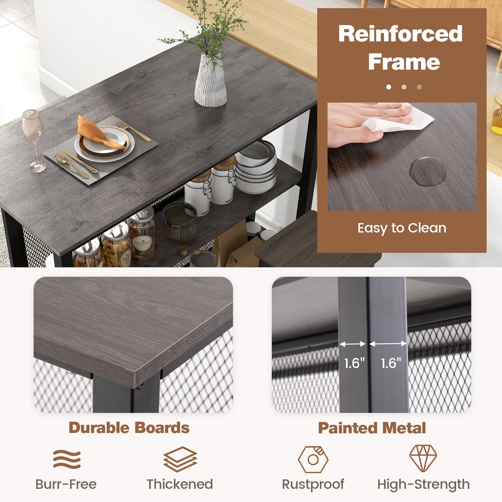 COSTWAY 3-Tier Home Bar Table with Storage Shelves | Metal Frame Bar Cabinet with Adjustable Foot Pads | Kitchen Island, Dining Room & Breakfast Corner Bar Unit (Grey) | Perfect for Small Space Entertaining & Compact Home Bars