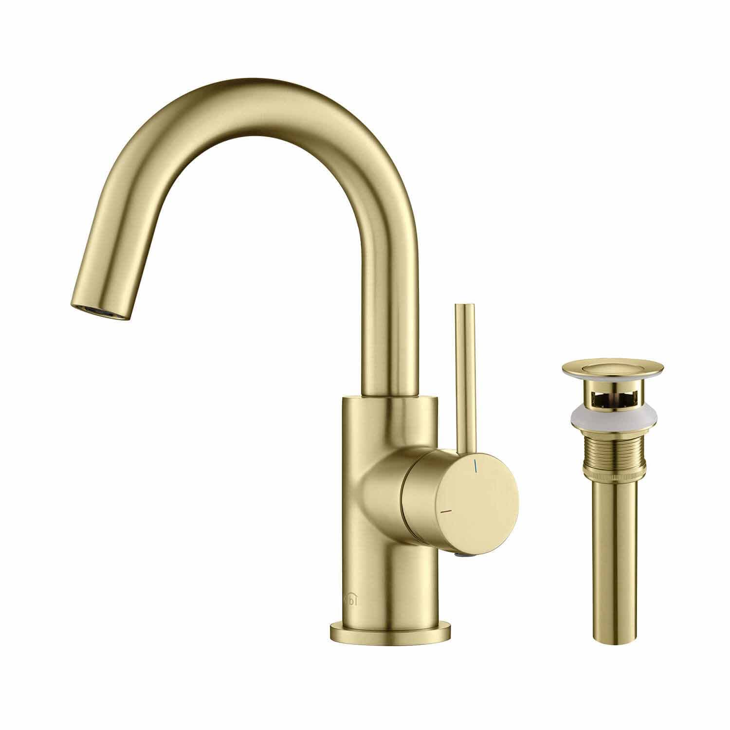 Brushed Gold Single Handle High-Arc Bathroom Sink Faucet with Pop-Up Drain - Modern Waterfall Spout for Vanity & Powder Room - Perfect for Small Bathrooms & Guest Suites