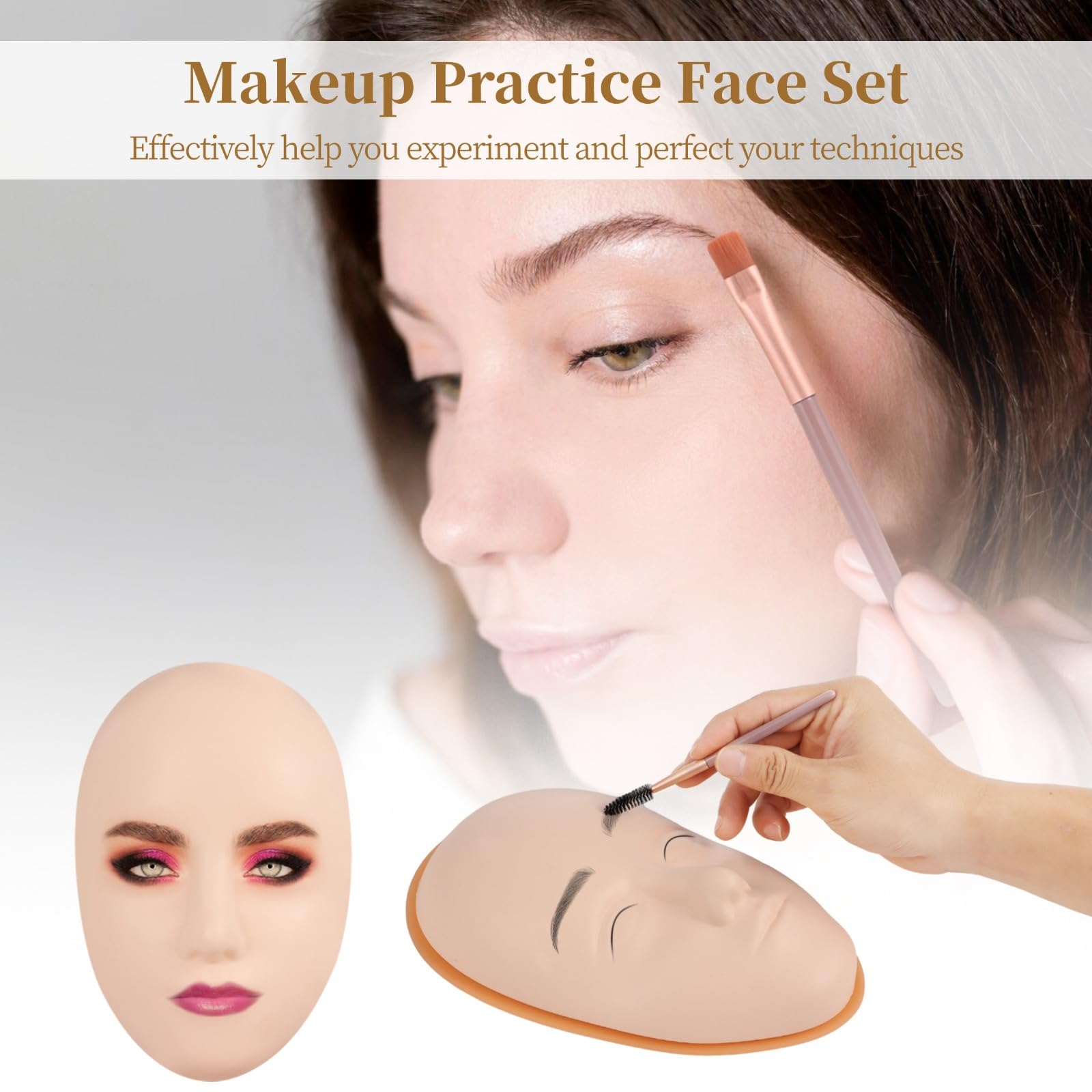 8-Piece Silicone Makeup Practice Face Kit with Mannequin Head, Practice Board & Brushes - Perfect for Beginners Learning Face Painting, Permanent Makeup & Beauty Art Creation (Great for Cosplay, Salon Training & SFX Makeup Practice)