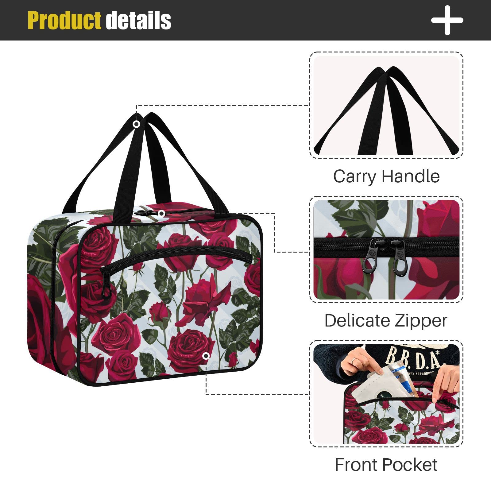 Red Rose Travel Toiletry Bag for Women - Large Hanging Cosmetic Organizer with Hook | Perfect for Makeup Storage, Bathroom Organization & Vacation Essentials