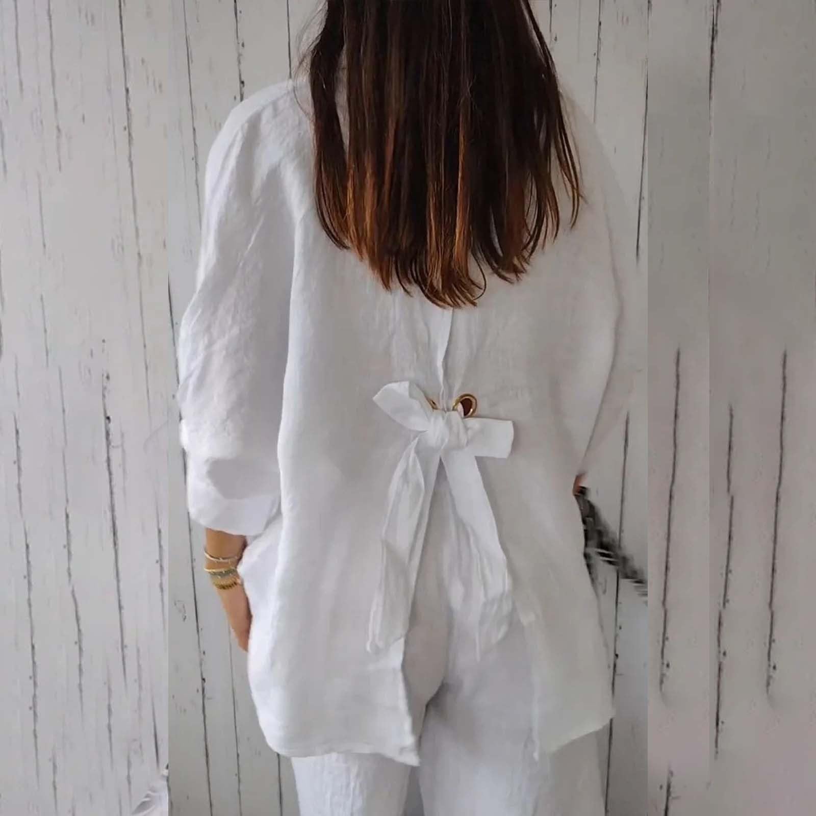 Women's Button Down V-Neck Chiffon Blouse - 3/4 Sleeve Loose Fit Linen Shirt for Work & Casual Wear | Oversized Collared Top for Office, Date Night & Summer Outfits