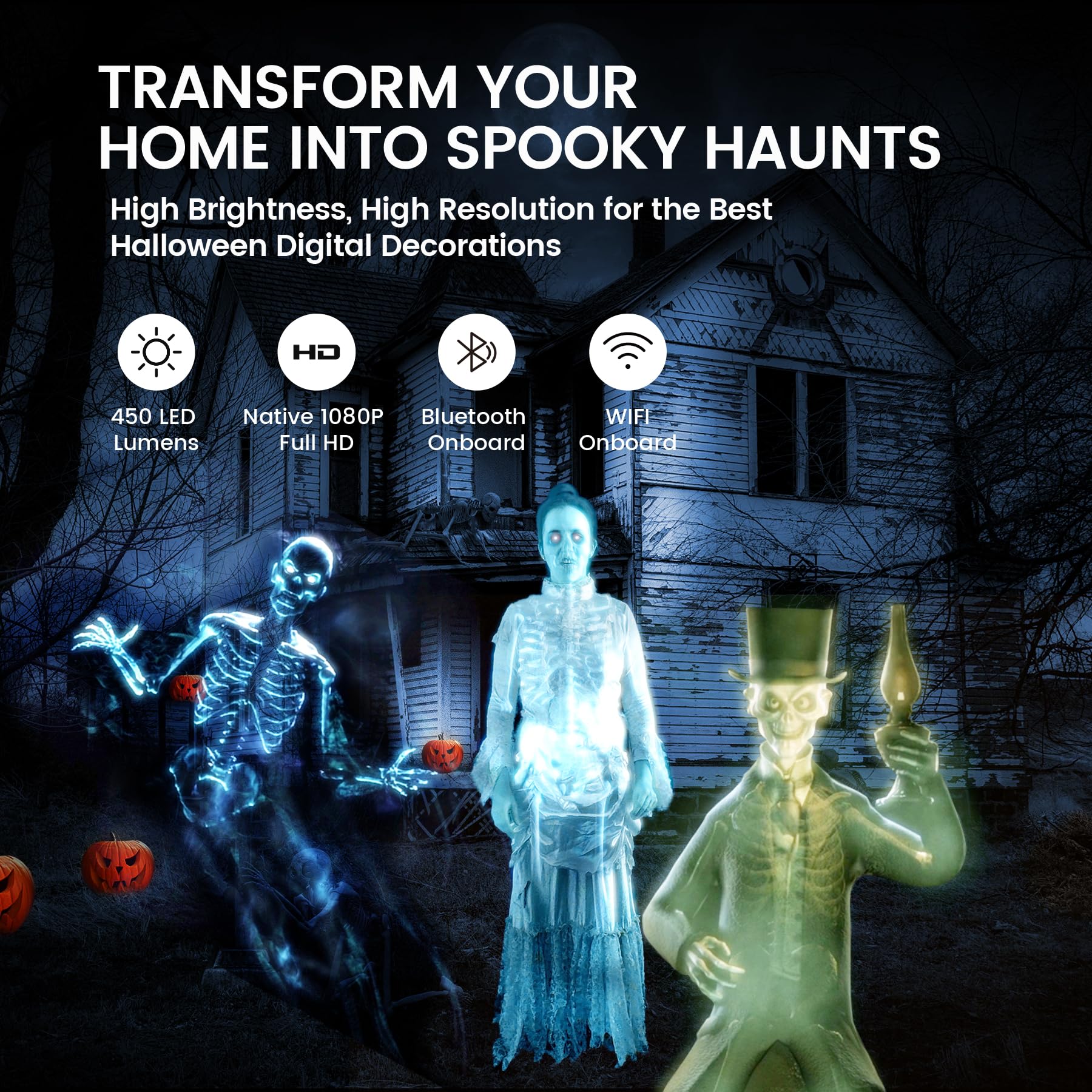 AAXA HP4 Halloween Projector (2024 Upgrade) - 1080p Native Resolution Holographic Projector with AutoPlay™, Built-in Timer & 8 Preloaded Spooky Movies - Bluetooth Enabled for Haunted House Decorations, Window Displays & Outdoor Halloween Party Projections (Renewed)