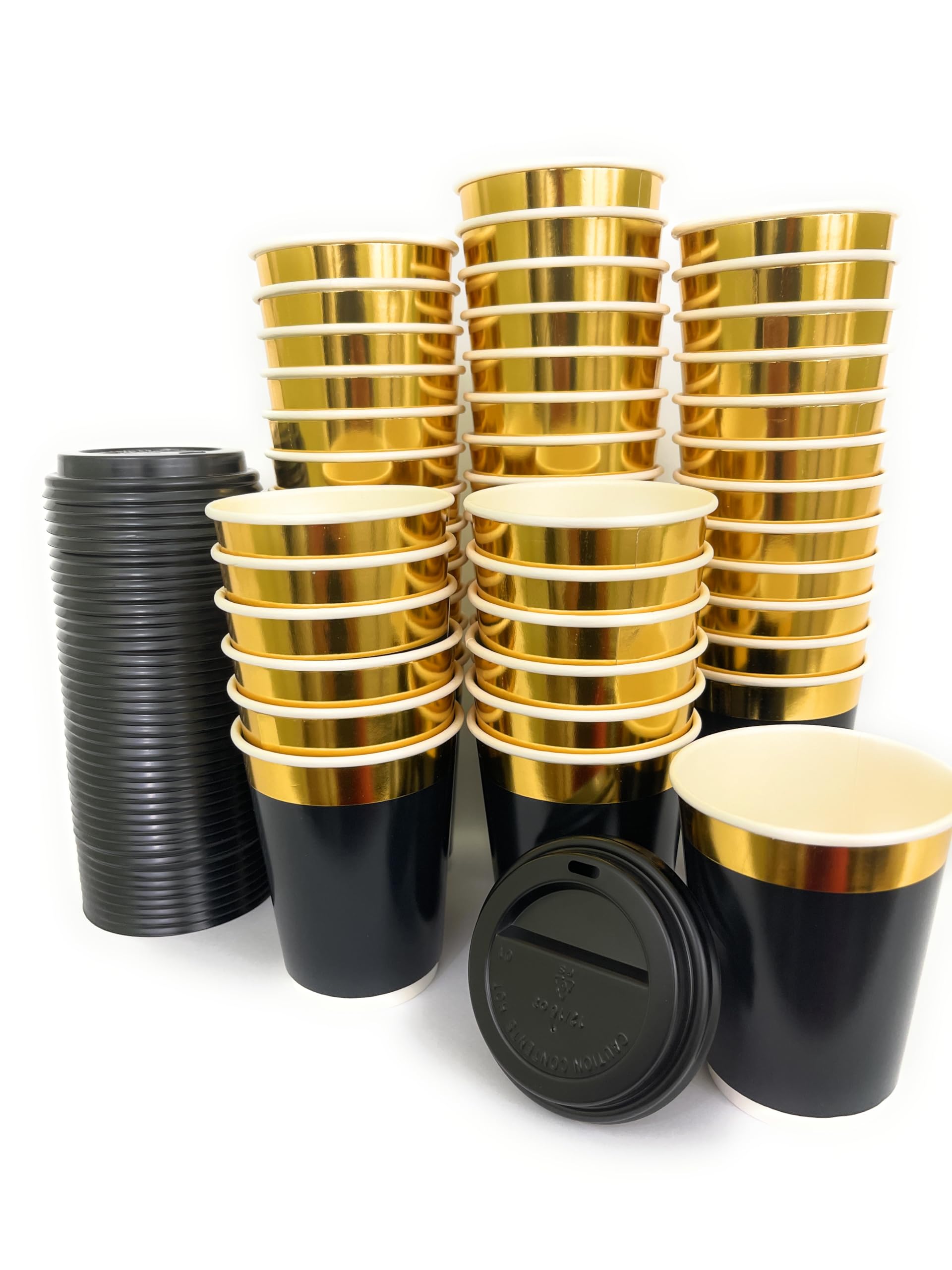 12oz Gold Rim Double Wall Insulated Coffee Cups - 200 Pack Disposable Paper Cups with Lids - Hot & Cold Beverage Containers - Leak Proof Travel Mugs for Coffee, Tea, Parties, Office & Catering - Elegant Black Design with Gold Accents