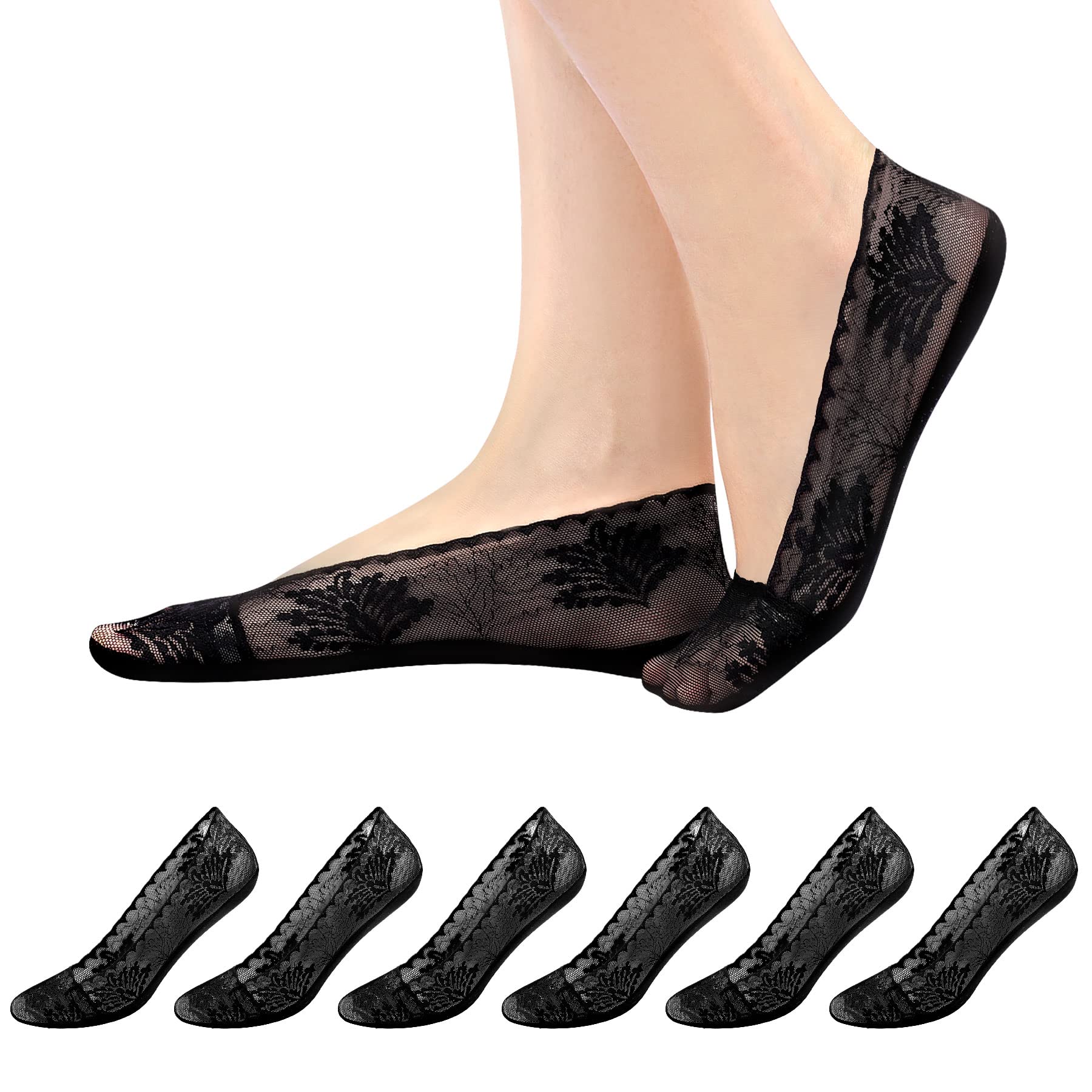 6 Pairs Women's No Show Socks - Non Slip Invisible Lace Socks for Sneakers & High Heels | Ultra Low Cut Shoe Liners for Comfort & Style | Perfect for Workouts, Office Wear & Casual Outfits