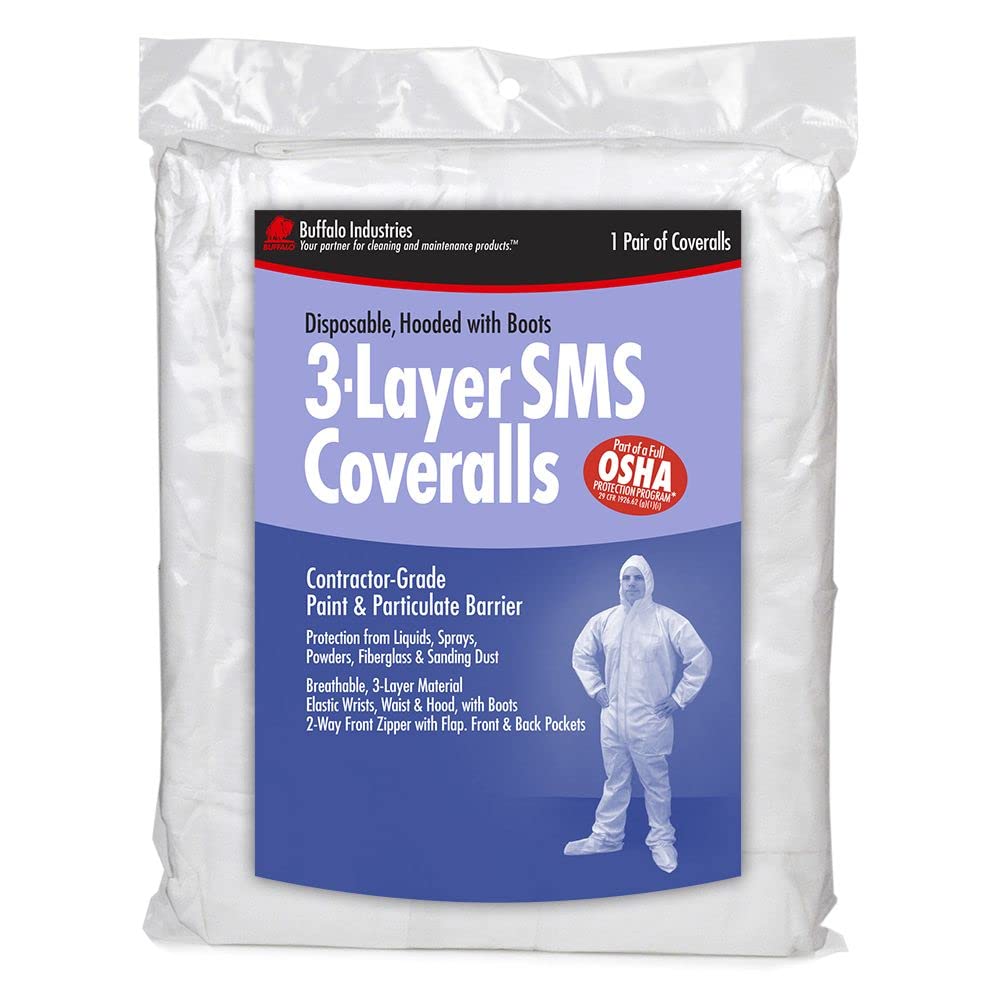 Buffalo Industries (68441) 3-Layer Lead Abatement Disposable Coverall - Large Size, Pack of 1 - Hood & Booties Attached, Zippered Front with Flap, Elastic Wrists, Ankles & Waist, Front & Back Pockets | Ideal for Construction, Demolition, Asbestos Removal & Hazardous Material Handling