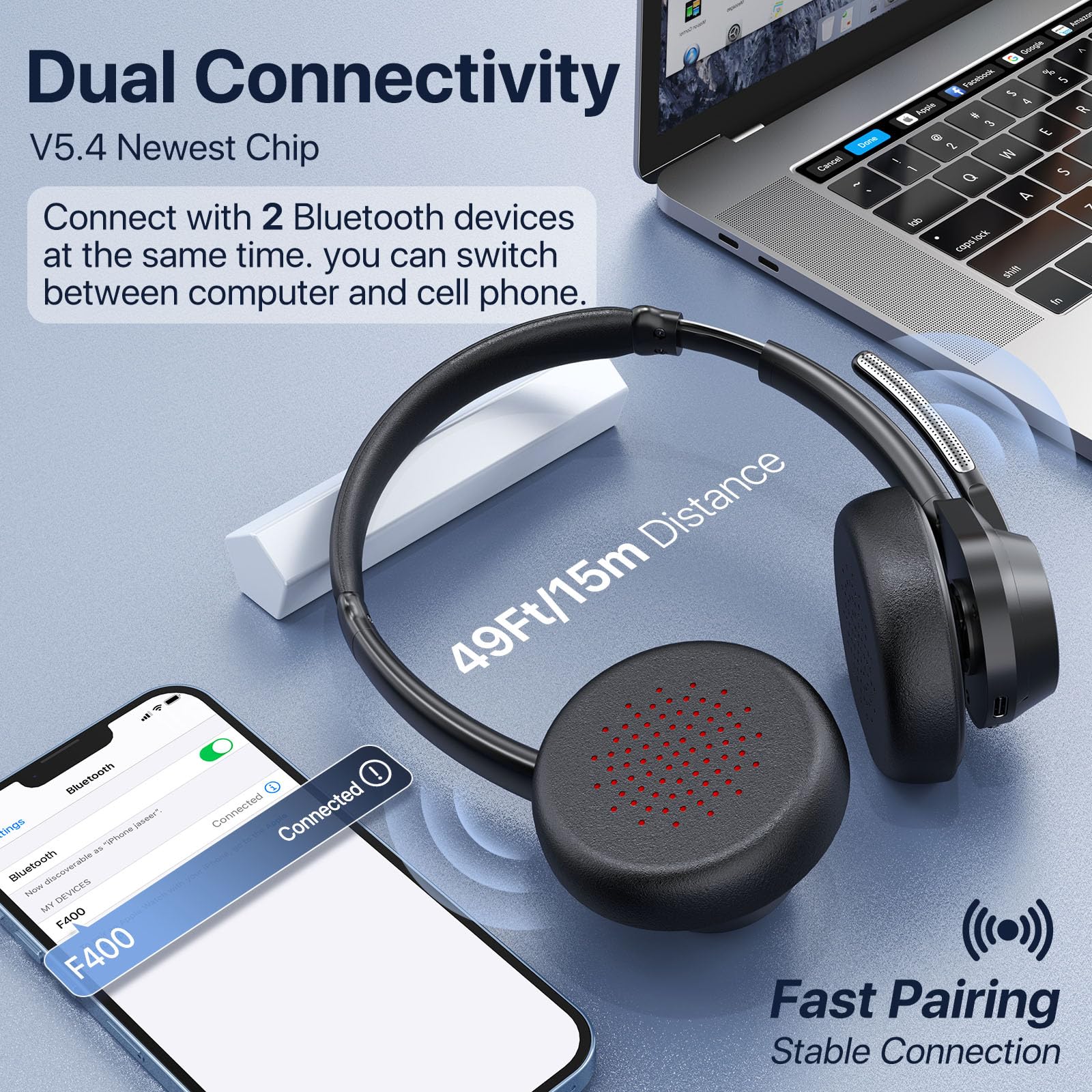 Wireless Bluetooth 5.4 Headphones with Microphone - Noise Cancelling Over-Ear Headset with Multipoint Connectivity for Office, Call Center, Zoom Meetings & Remote Work (Black) - Perfect for Business Professionals & Home Office Use
