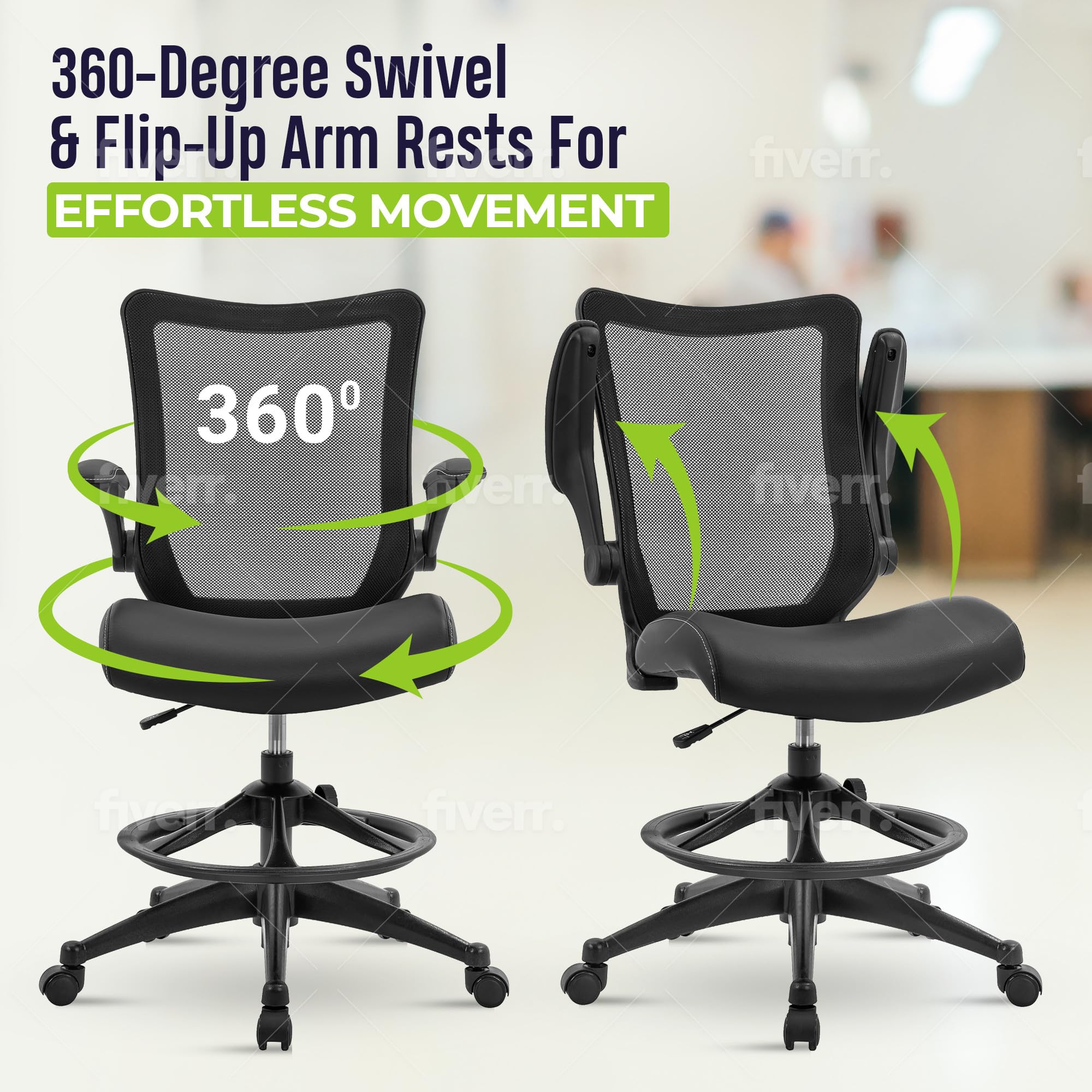 OfficeFactor Ergonomic Drafting Chair - Adjustable Height Tall Office Chair with Flip-Up Armrests, 300 lb Weight Capacity, Mesh Back & Comfortable Leather Seat (Black) - Perfect for Standing Desks, Architects, Artists and Home Office Workspaces