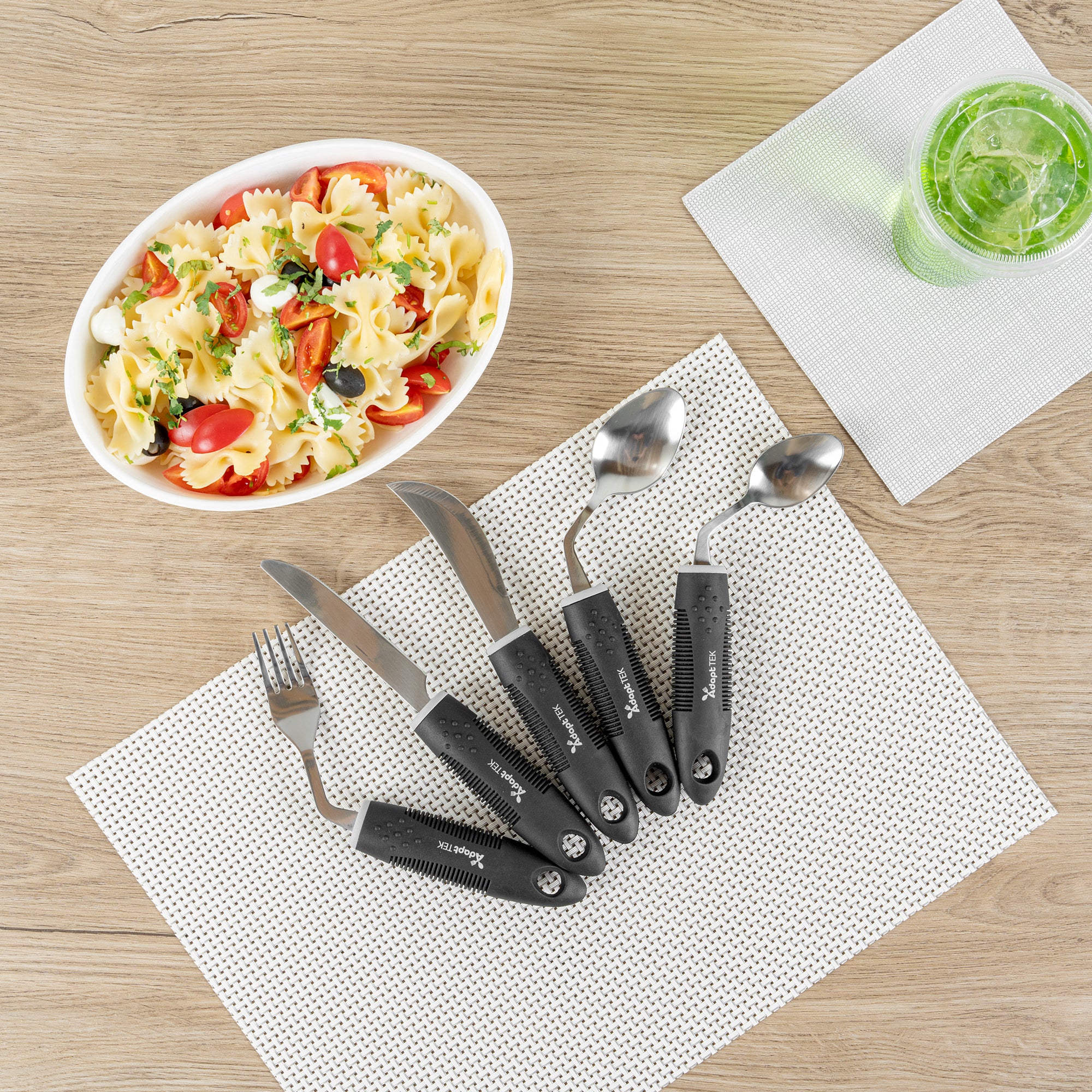 Adapt Tek Black Stainless Steel 5-Piece Adaptive Offset Utensil Set for Left-Handed Users - Lightweight, Non-Slip Grip, Ergonomic Design - Ideal for Arthritis, Limited Mobility & Elderly Care (1 Count) - Perfect for Cooking, Dining & Assisted Living