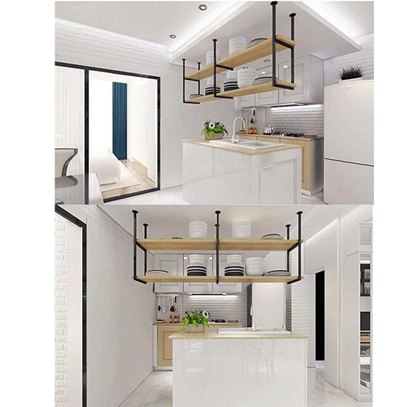 Black Ceiling-Mounted Floating Shelf - 120x30x80cm (47x12x31 inch) Multi-Purpose Hanging Storage for Wine, Books, Plants & Decor - Perfect for Kitchen, Bedroom, Bar & Living Room Wall Organization