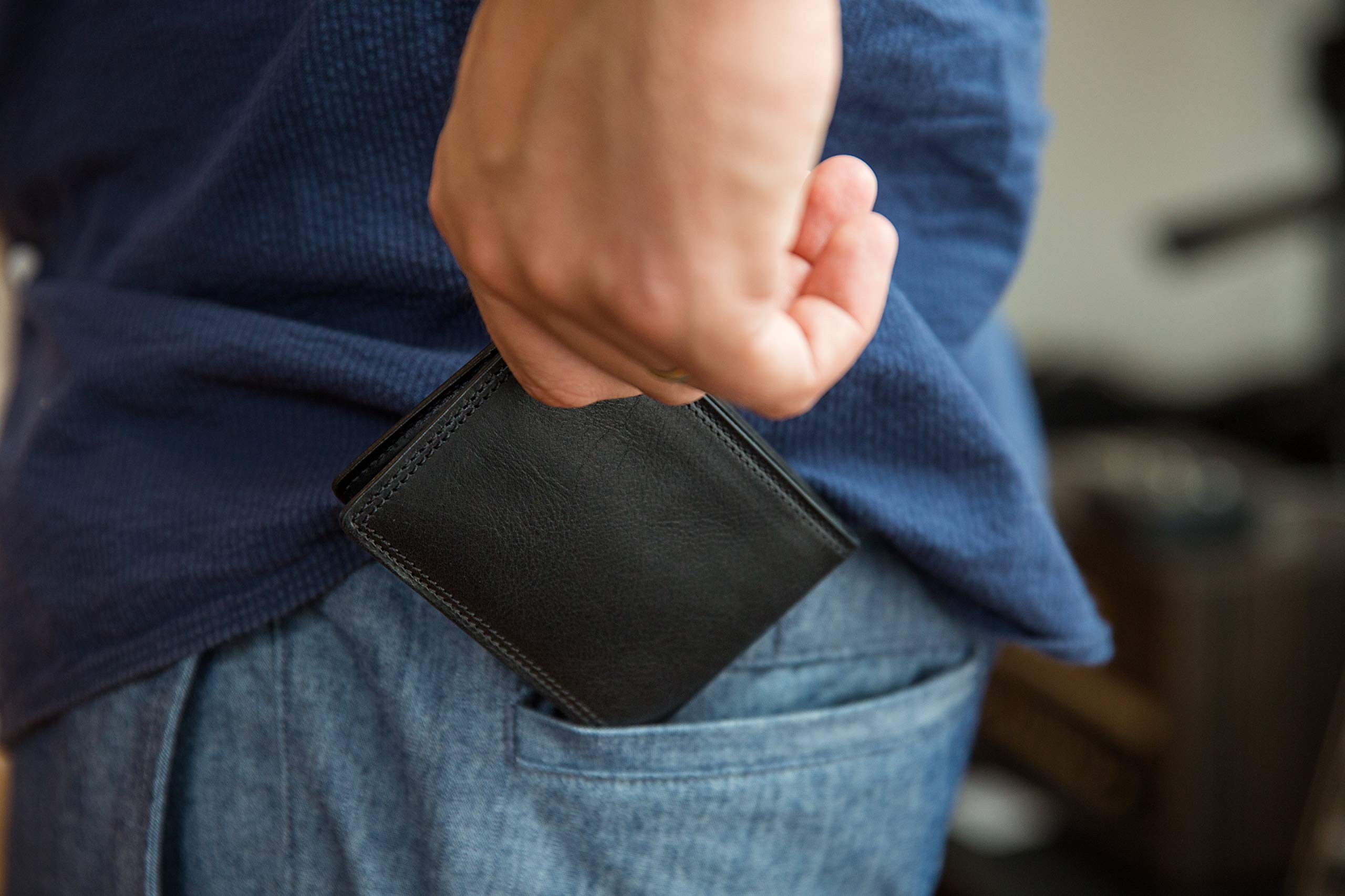 Bosca Men’s Genuine Leather Slim Bifold Wallet - RFID Blocking - Black - Perfect for Everyday Carry & Travel Essentials