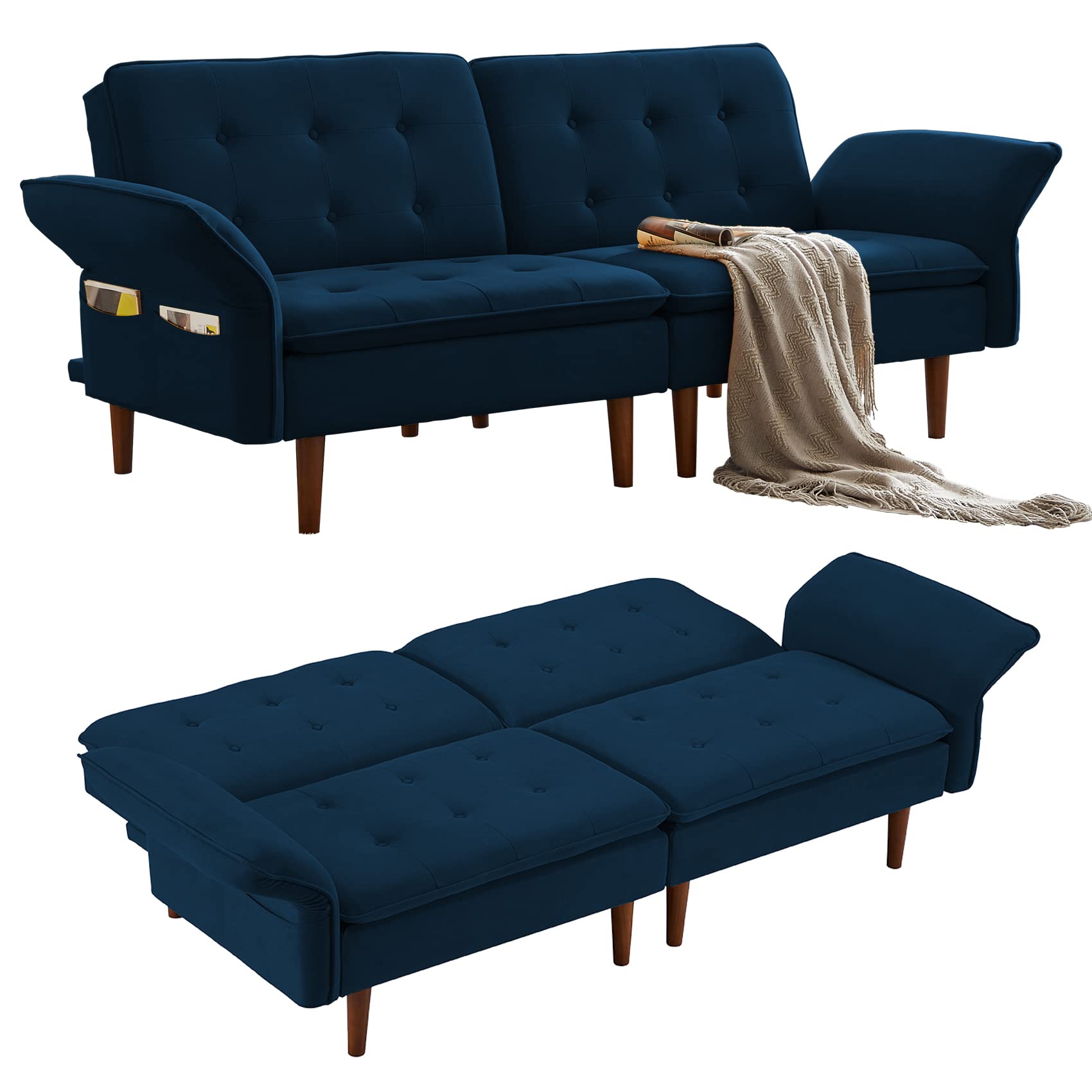 AOOWOW Convertible Futon Sofa Bed - Modern Reclining Loveseat Couch with Adjustable Armrest, 4 Side Pockets & 8 Tapered Legs - Folding Sleeper Sofa for Small Spaces - Perfect for Dorm Room, Living Room, Bedroom & Office (Blue) | Space-Saving Multi-Functional Furniture for Apartments & Guest Rooms