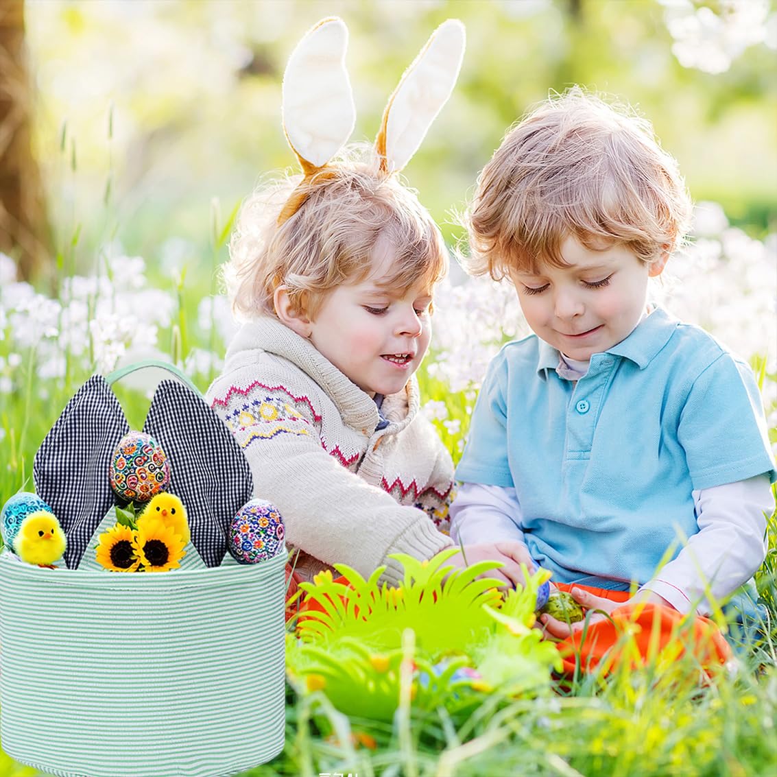 Easter Basket for Kids - Seersucker Egg Hunt Bunny Basket with Cute Rabbit Ears & Striped Design - Perfect for Easter Party Favors, Candy Storage & Personalized Gifts - Great for Easter Egg Hunts, Spring Celebrations & Holiday Decorations