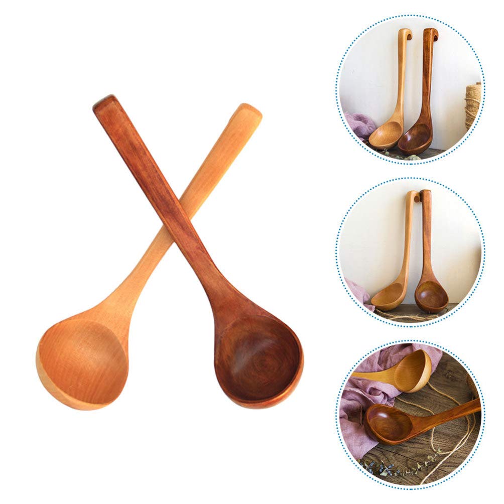 2PCS Wooden Spoons Set - Long Handle Wooden Ladle & Scoop for Cooking, Serving, and Stirring - Japanese Style Kitchen Utensils - Perfect for Soup, Salad, Pasta & Baking - Eco-Friendly Wooden Flatware for Home & Restaurant Use