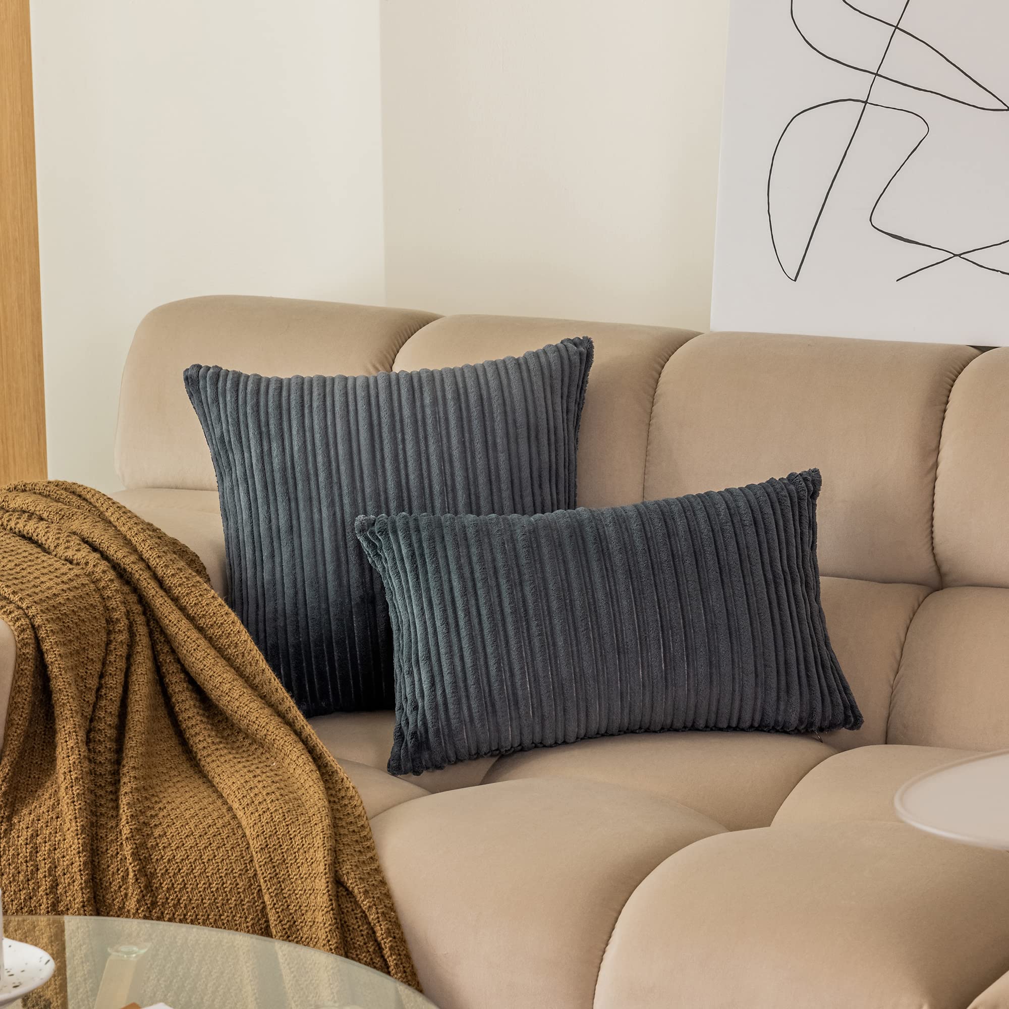 Kevin Textile 18x18 Inch Striped Corduroy Velvet Throw Pillow Covers Set of 2 - Dark Grey Euro Sham Cushion Covers for Sofa, Bed & Home Decor | Soft & Stylish Living Room & Bedroom Accent Pillows