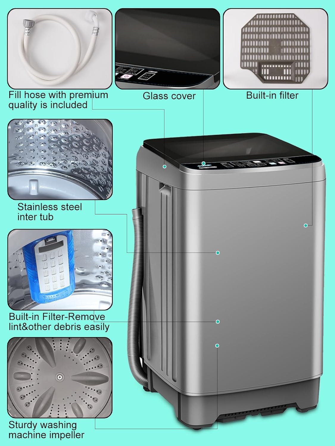 25 lbs Full Automatic Washing Machine with LED Display - Compact Portable Washer with 10 Wash Programs & 8 Water Levels - Perfect for Small Spaces, Dorms, Apartments, RVs & Camping - Energy Efficient Grey Laundry Solution