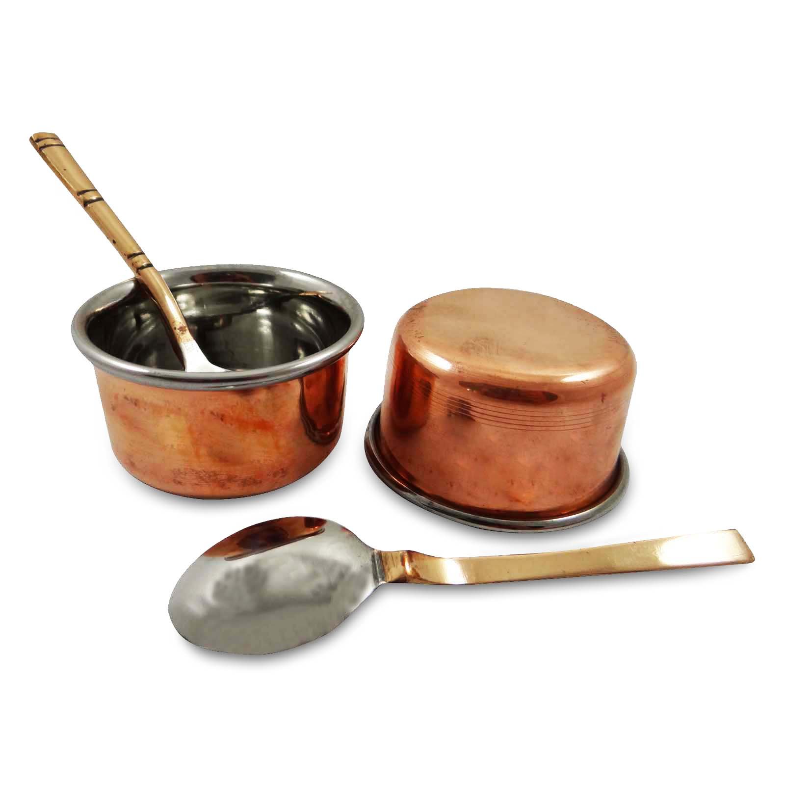 2-Piece Copper Serving Bowl Set with Spoons - Traditional Indian Katori for Rice, Curry & Desserts - Elegant Dinnerware for Home Dining & Party Serving