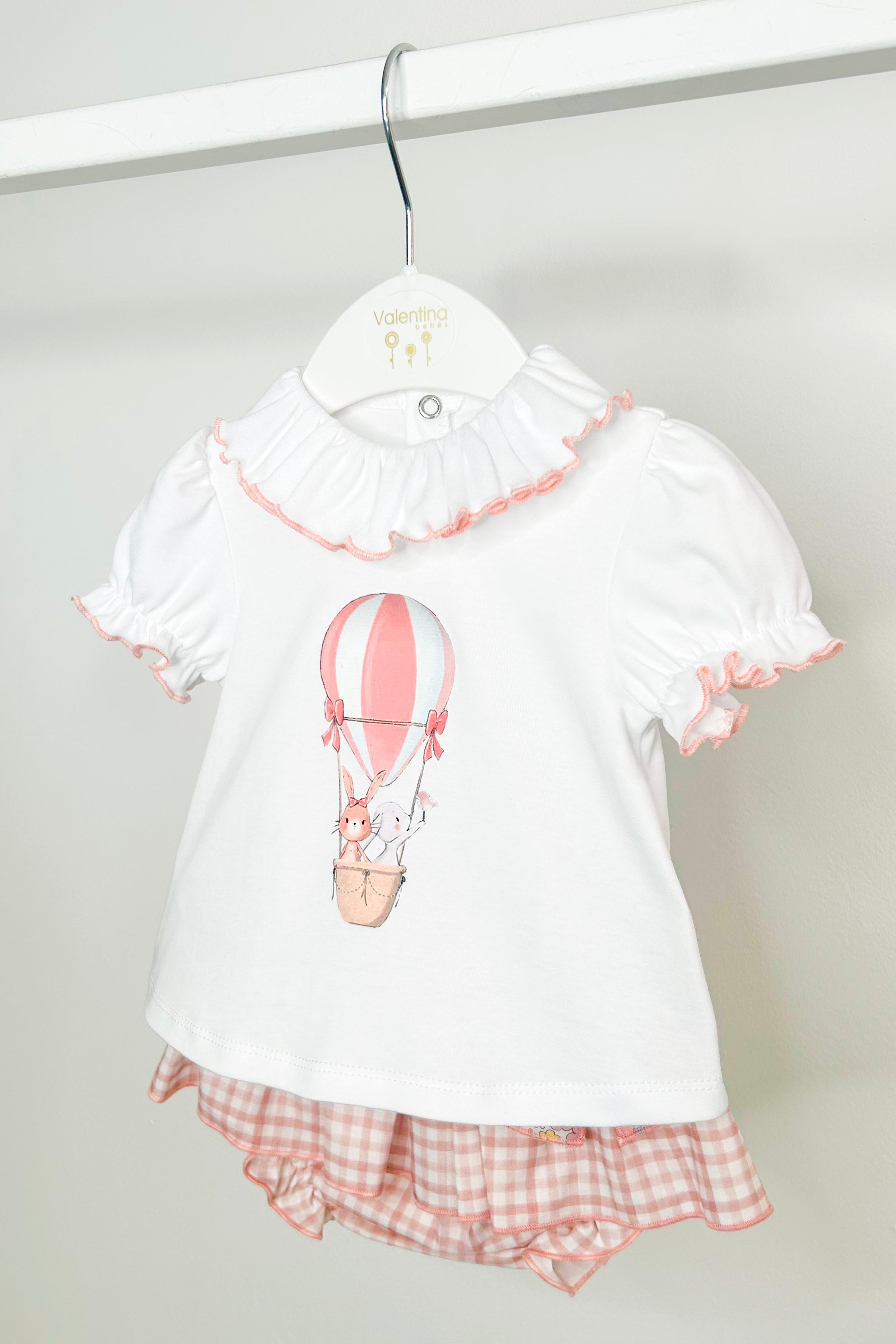 Seraphine Women's Pink Hot Air Balloon Print Blouse & Gingham Skirt Set - Casual Summer Outfit for Picnics, Travel & Outdoor Activities