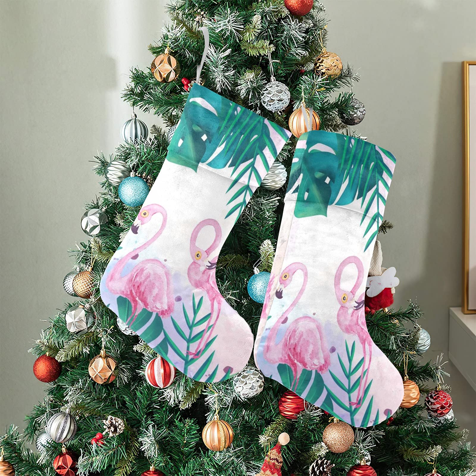Pink Flamingo & Palm Tree Christmas Stockings - Large Family Holiday Stocking for Adults, Kids, Babies & Pets - Perfect for Girls, Boys & Xmas Decorations - Ideal for Fireplace Mantel, Gift Exchange & Festive Home Decor