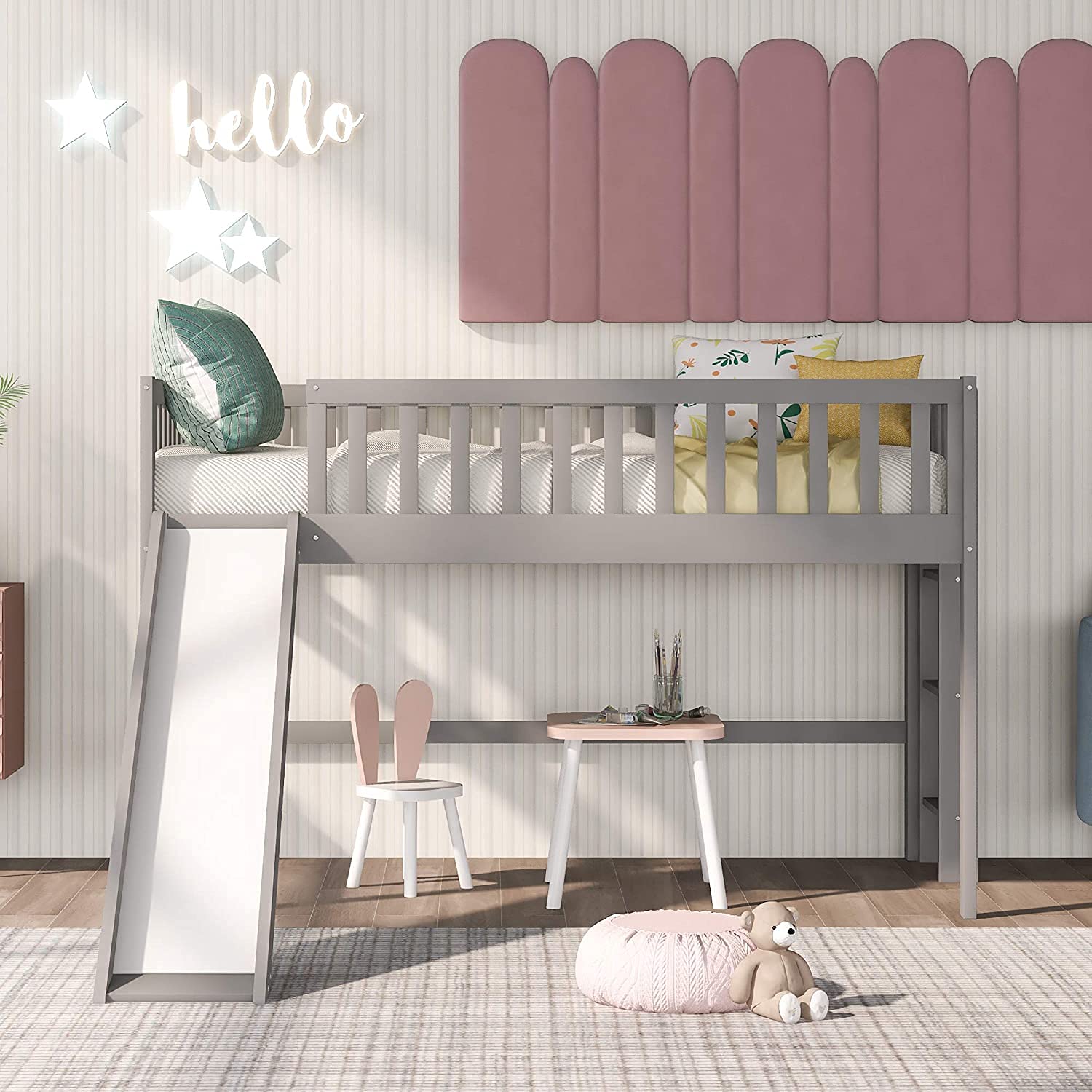 Twin Size Kids Loft Bed with Slide - Sturdy Wood Low Loft Bed for Children, No Box Spring Needed (Grey) - Perfect for Small Bedrooms, Playrooms & Space-Saving Kids' Rooms