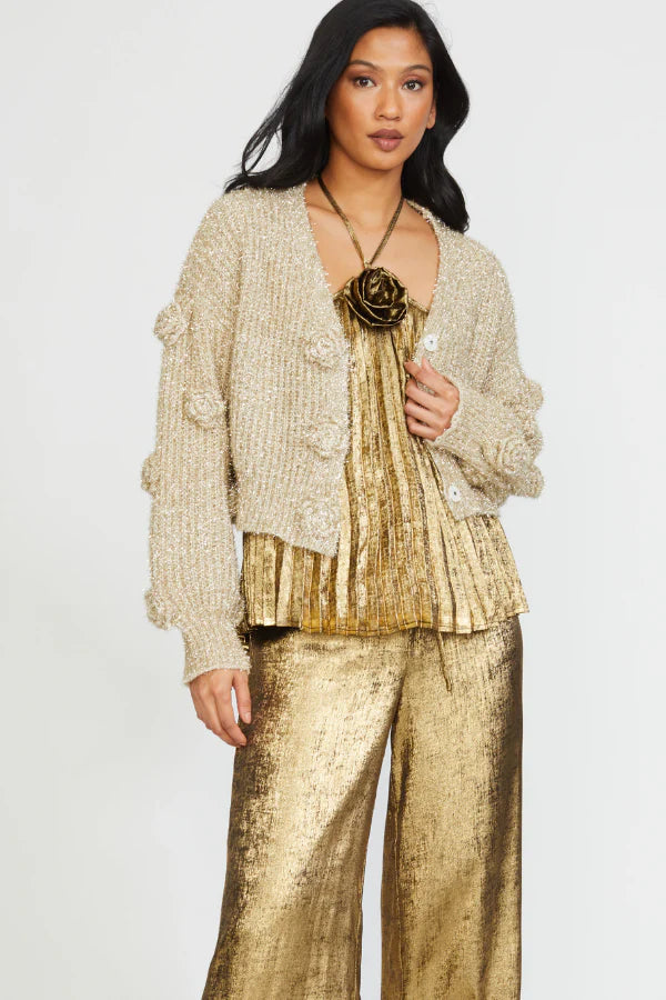 Elegant Gold Lurex Cardigan with Floral Applique - Perfect for Evening Parties and Special Occasions