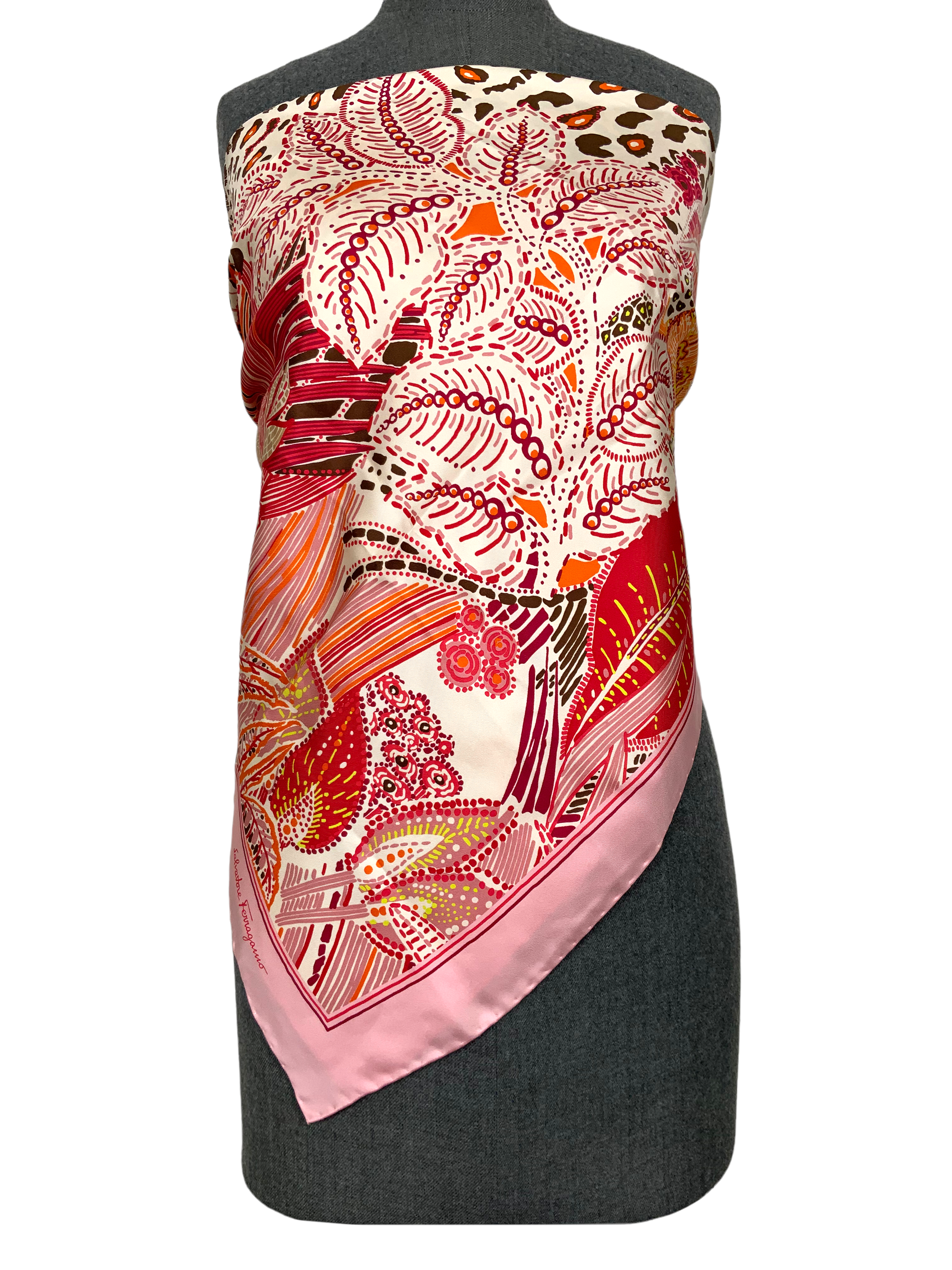 Salvatore Ferragamo Batik Print Silk Scarf 90 - Luxury Fashion Accessory for Women, Perfect for Office, Travel & Special Occasions