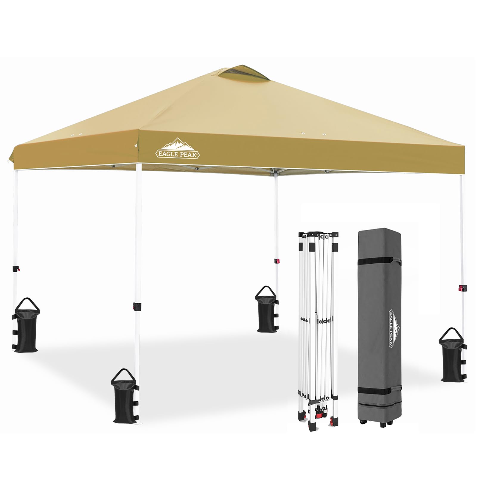 EAGLE PEAK 10x10 ft Pop Up Canopy Tent with Wheeled Carry Bag - Portable Instant Shelter for Outdoor Events, Beach, Camping & Backyard - Includes 8 Stakes, 4 Ropes & 4 Weight Bags - Easy Setup 100sqft Shade Canopy (Beige)