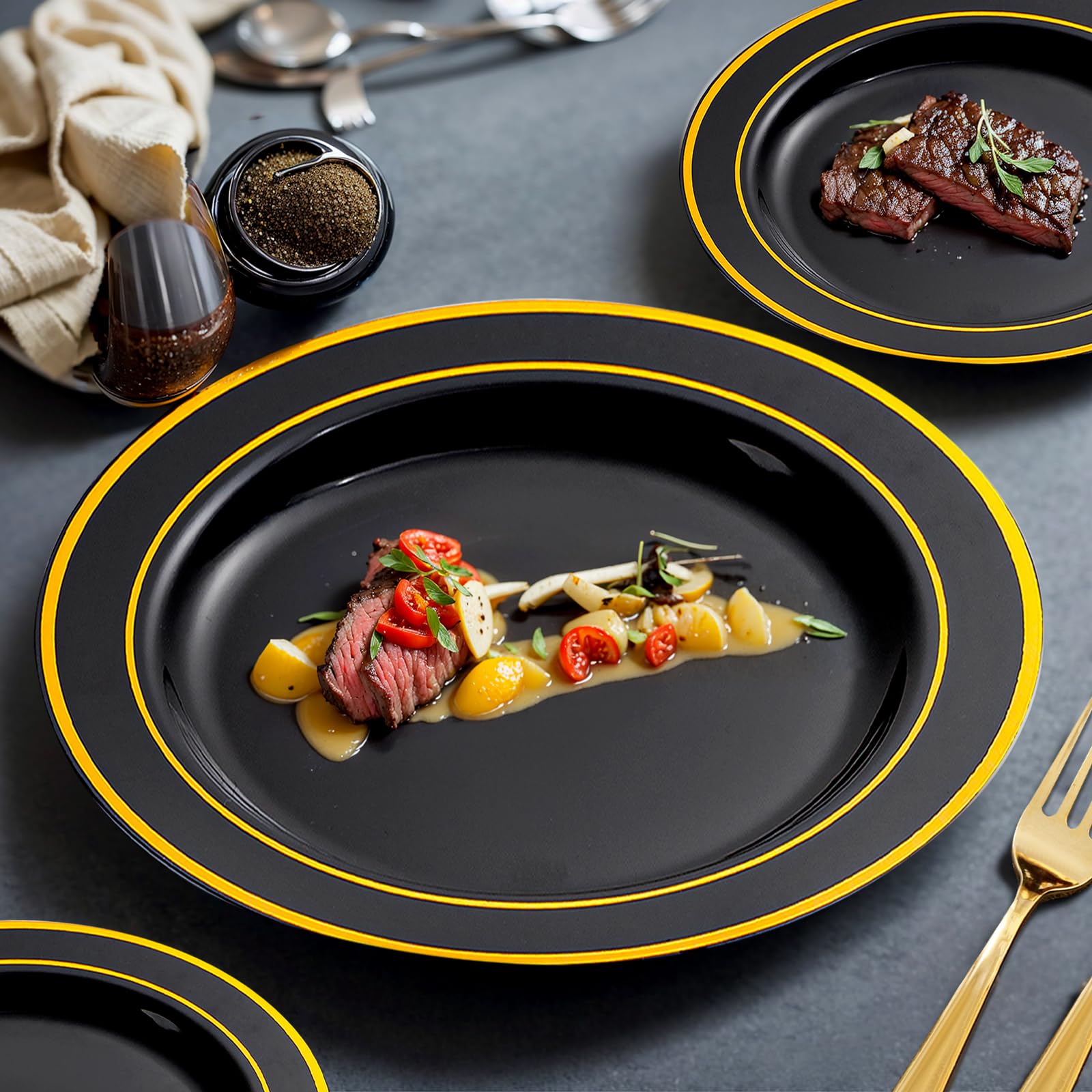 150-Piece Black and Gold Disposable Dinnerware Set for 25 Guests - Includes 25 Dinner Plates, 25 Dessert Plates, 25 Spoons, 25 Forks, 25 Knives & 25 Cups - Elegant Party Supplies for Weddings, Birthdays, New Year Celebrations & Holiday Gatherings