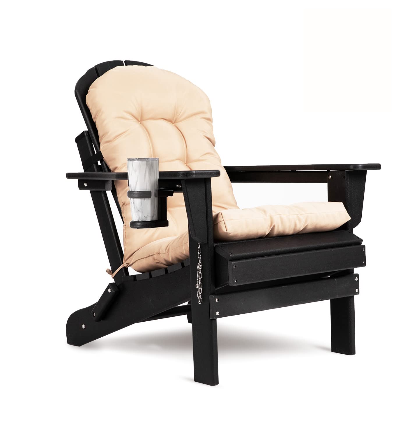 Nalone Folding Adirondack Chair with Cushion & Cup Holder - Heavy Duty HDPE Plastic Oversized Patio Chair - Weather Resistant Outdoor Furniture for Deck, Garden, Fire Pit, Campfire & Backyard Relaxation (Black)