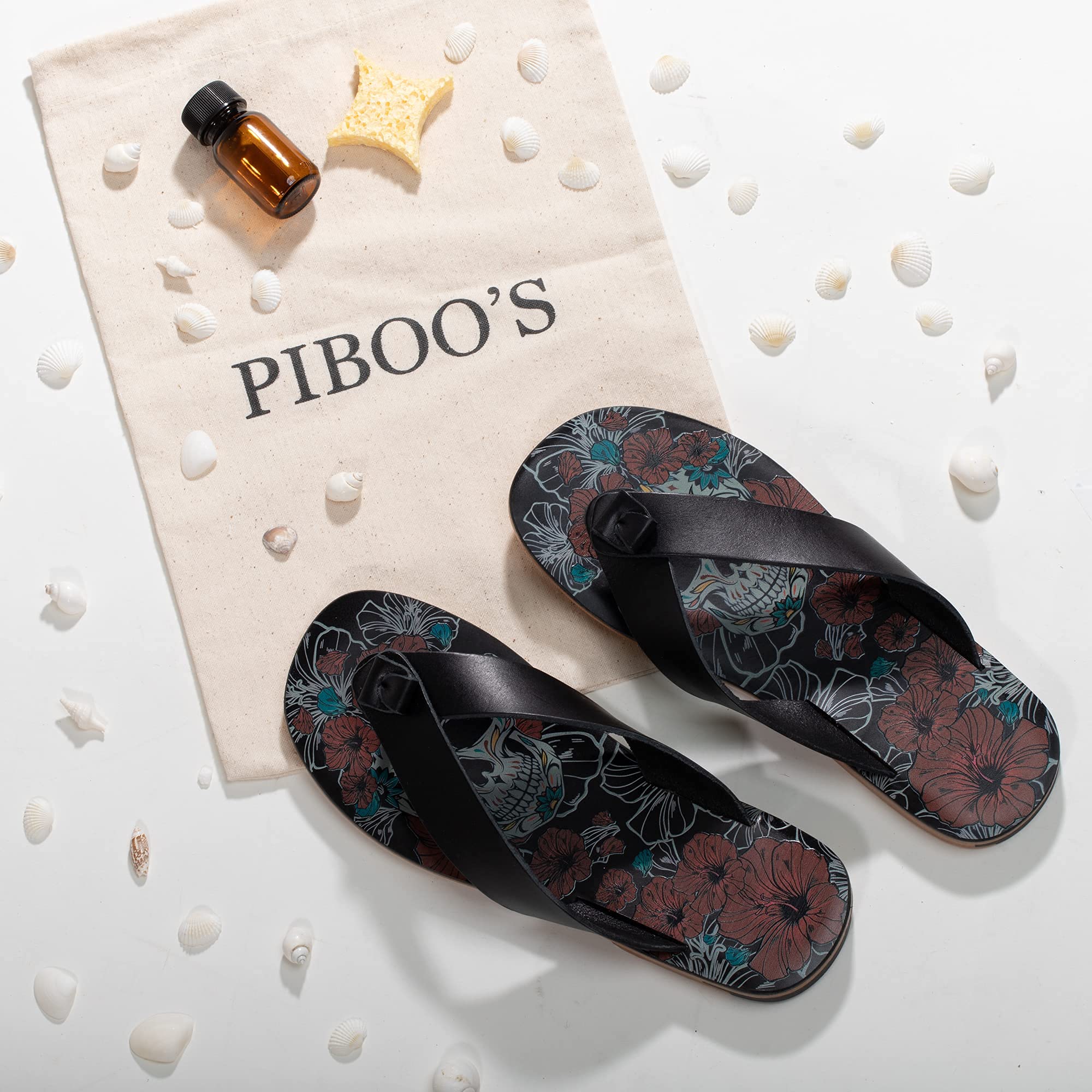 Premium Men's Sandals | Vegetable-Tanned Leather Flip Flops with Skull & Flower Design | Comfortable Summer Beach Shoes for Outdoor Walking, Travel & Casual Wear
