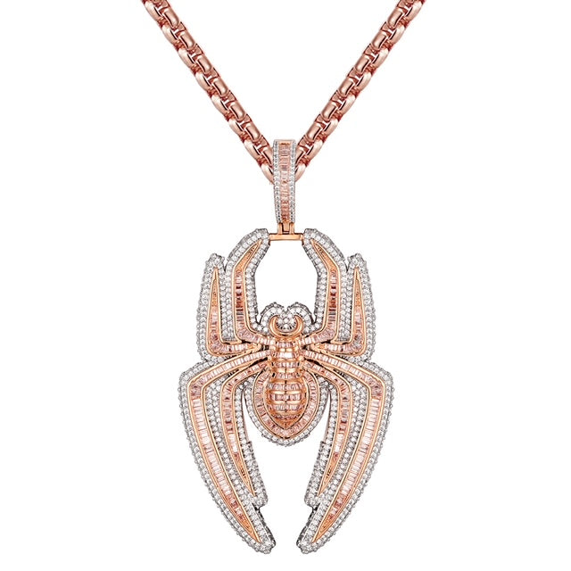 14K Rose Gold Spider Baguette 3D Iced Pendant Necklace - Elegant Jewelry Gift for Women, Perfect for Parties, Anniversaries & Special Occasions