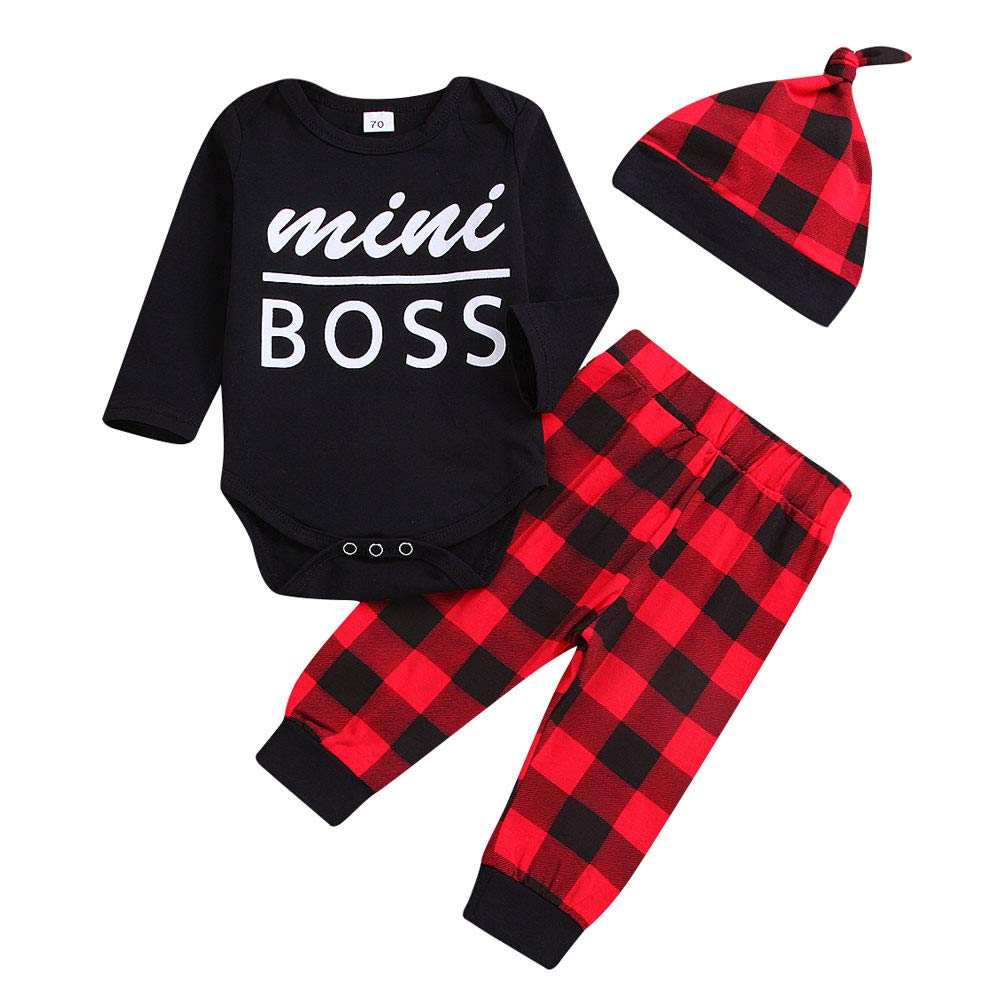 Adorable Newborn Baby Boy & Girl Outfit Set - Long Sleeve Romper, Plaid Pants & Cute Hat (3-Piece) | Perfect for Photoshoots, First Outings & Special Occasions