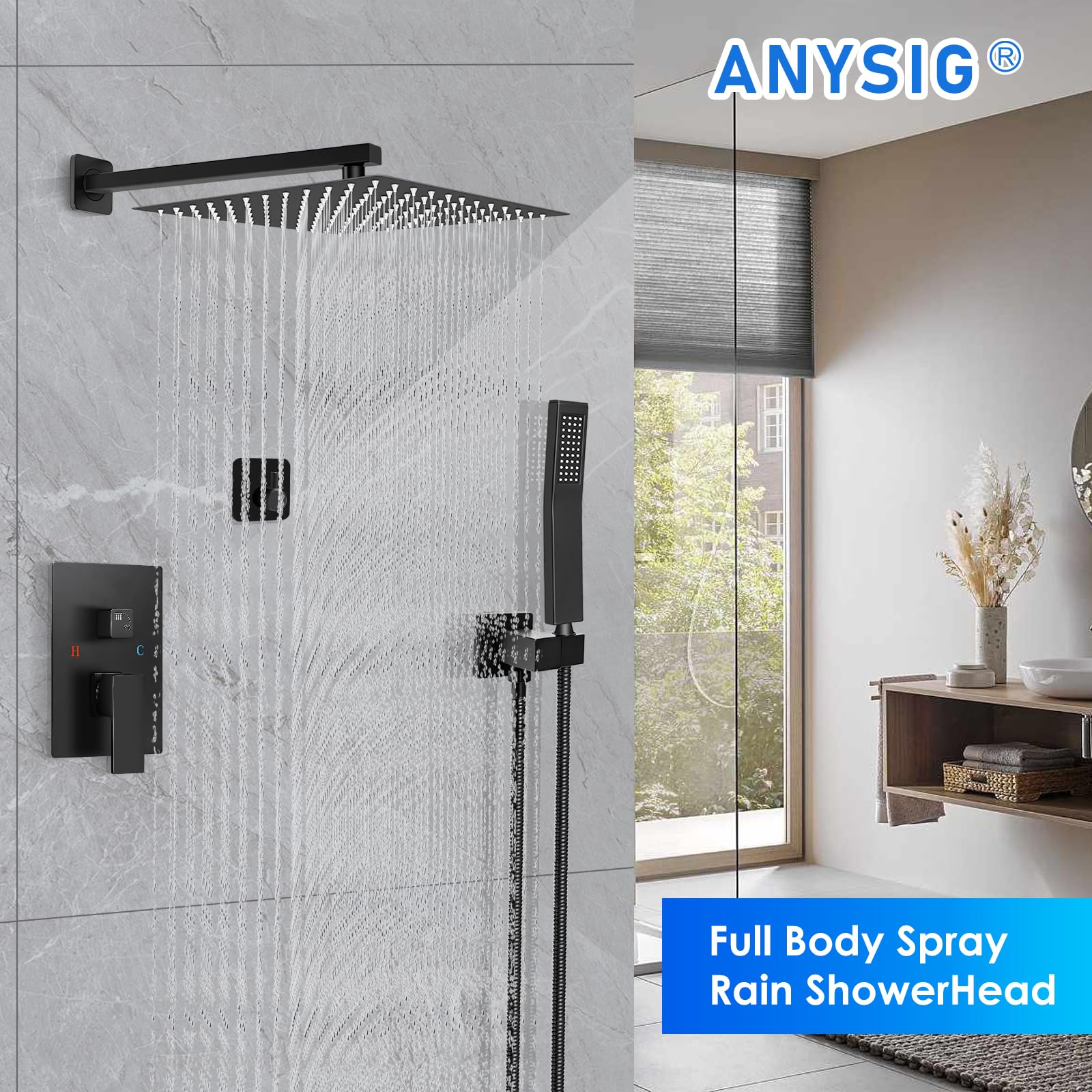Premium Matte Black Shower Faucet Set - 12 Inch Rainfall Shower System with Square Shower Head, High Pressure Handheld Spray & Wall Mounted Valve Trim Kit for Luxury Bathroom Upgrade (Ideal for Master Bath, Spa-Like Experience)