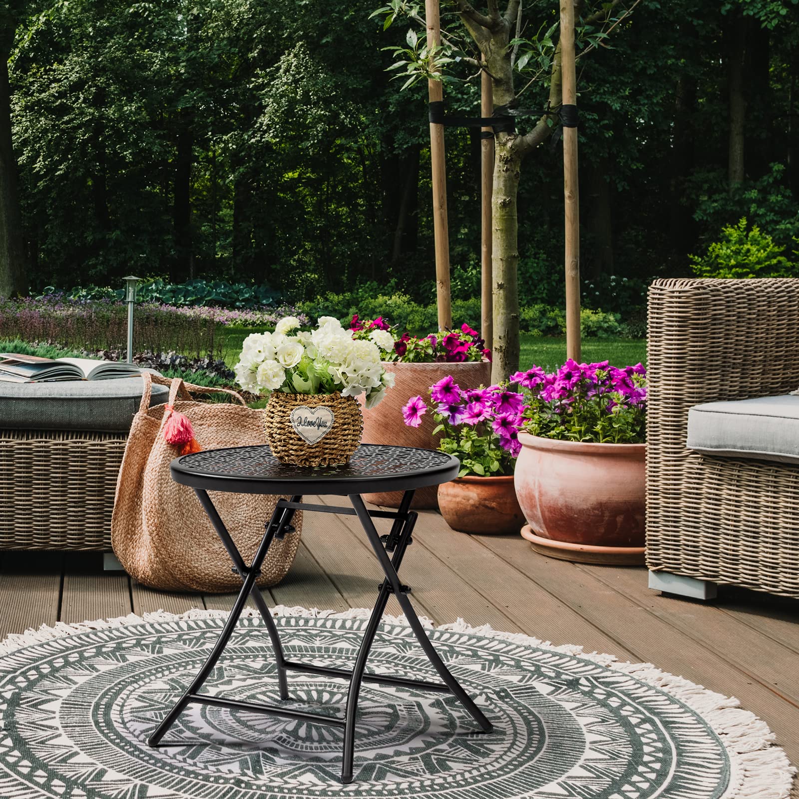TeoKJ Folding Outdoor Side Table - Rust-Resistant Round Metal Patio Table with Floral Cutouts for Porch, Yard, Balcony, Deck & Lawn - Perfect for Outdoor Dining, BBQ Parties & Relaxing in Black