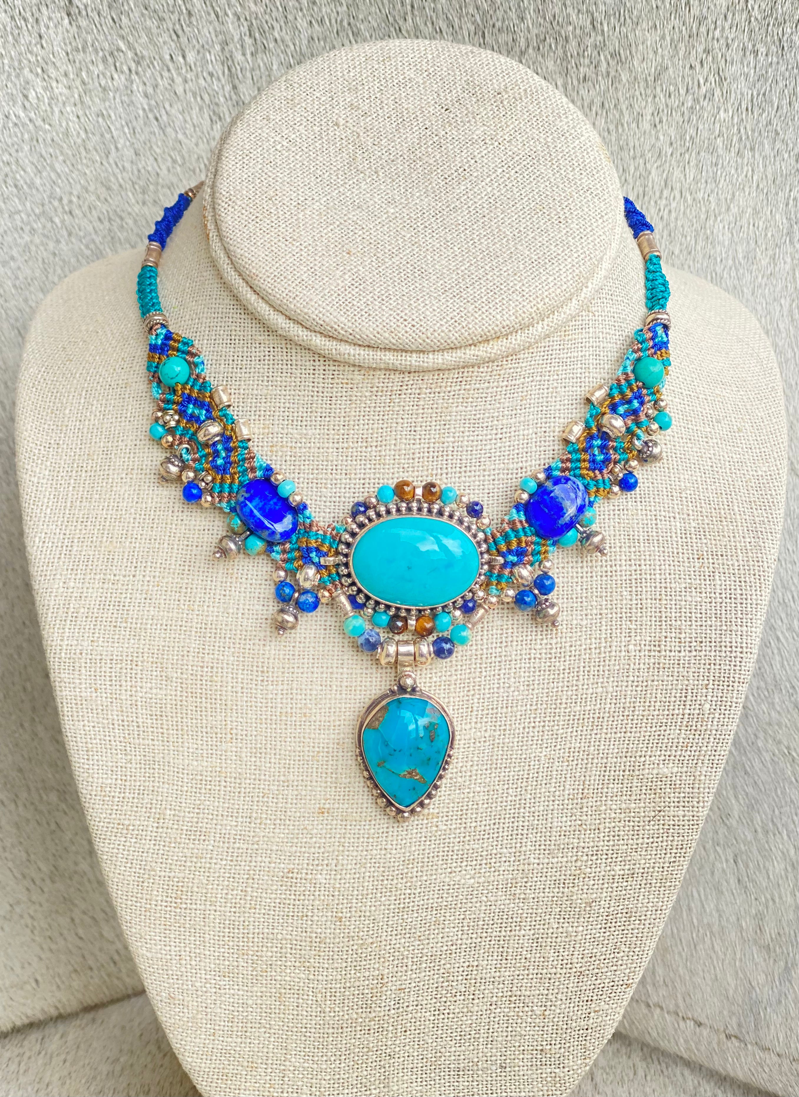 Handmade Macramé Choker Necklace with Turquoise & Lapis Beads - Bohemian Jewelry for Women, Festival Accessory, Layering Piece