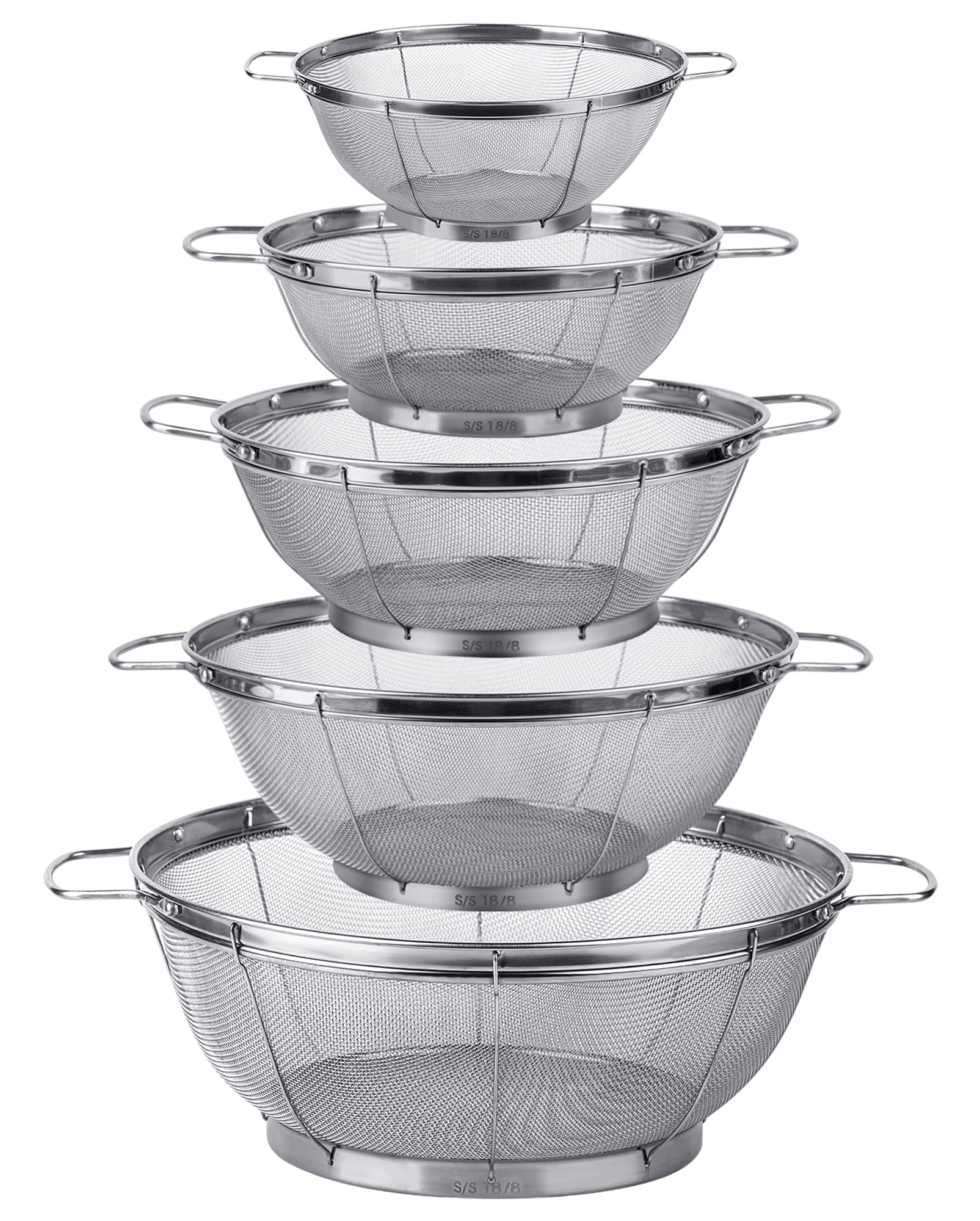 5 Pack 18/8 Stainless Steel Colander Sieves - Multi-Size Mesh Strainer Baskets with Handles & Stable Base for Draining, Rinsing, Steaming - Perfect for Kitchen, Cooking, Pasta, Vegetables & Fruits