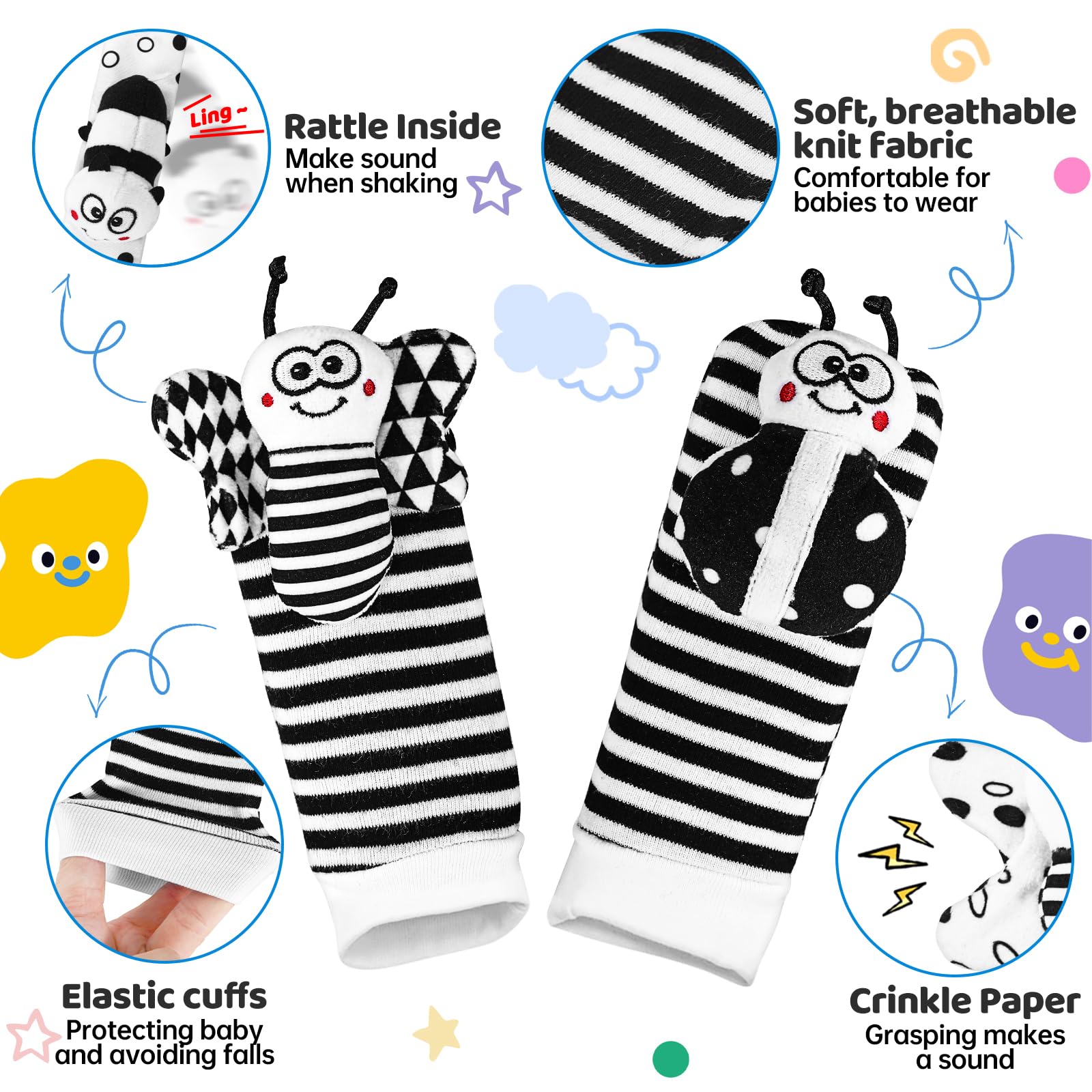 High Contrast Baby Rattle Socks & Wrist Toys 0-12 Months - Black and White Newborn Toys for Brain Development (0-6 Months) - Perfect Infant Sensory Toys for Baby Boys & Girls - Ideal for Tummy Time, Early Learning & Baby Shower Gifts