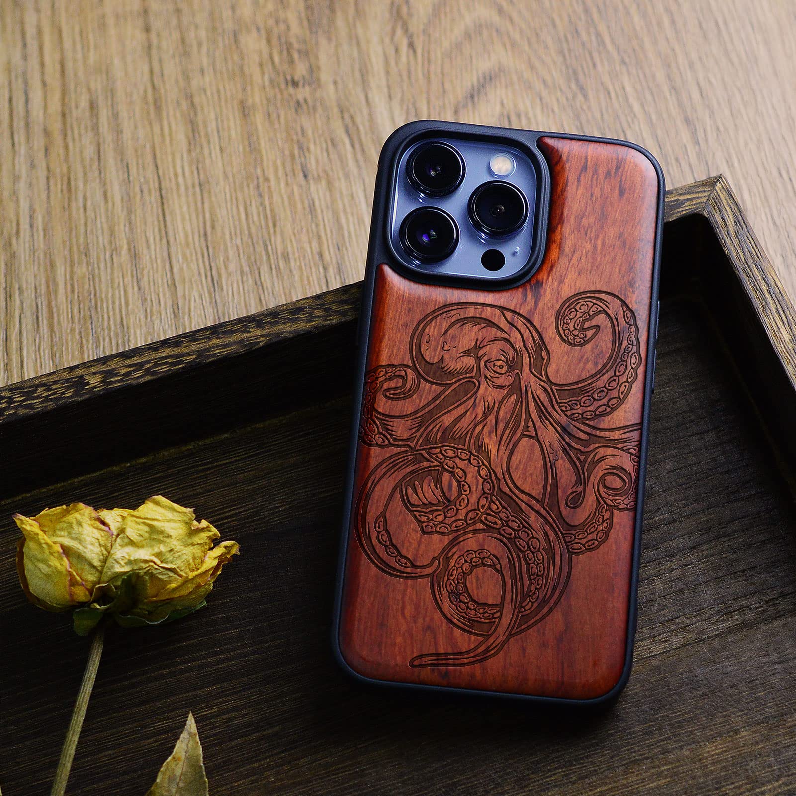 Carveit Magnetic Wood Case for iPhone 13 Pro - Natural Wood & Black TPU Shockproof Protective Cover with MagSafe Compatibility | Octopus Design Red Wood | Perfect for Outdoor Adventures & Business Meetings