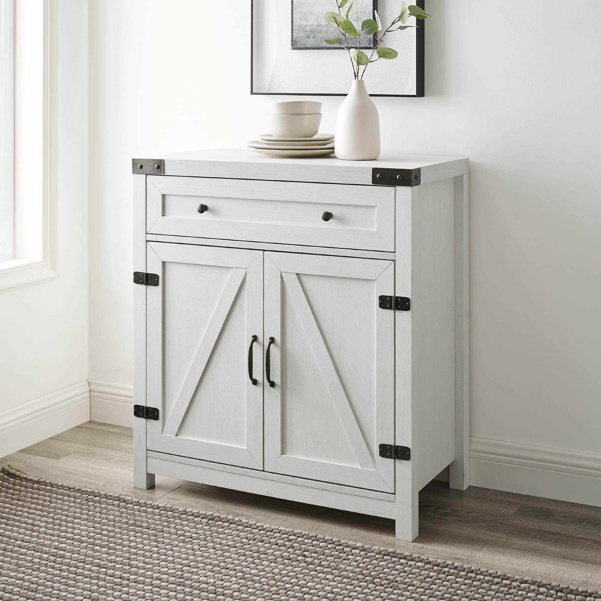 Walker Edison Farmhouse Double Barn Door Kitchen Storage Cabinet with Drawer, 30 Inch, Brushed White - Perfect for Pantry Organization & Rustic Home Decor