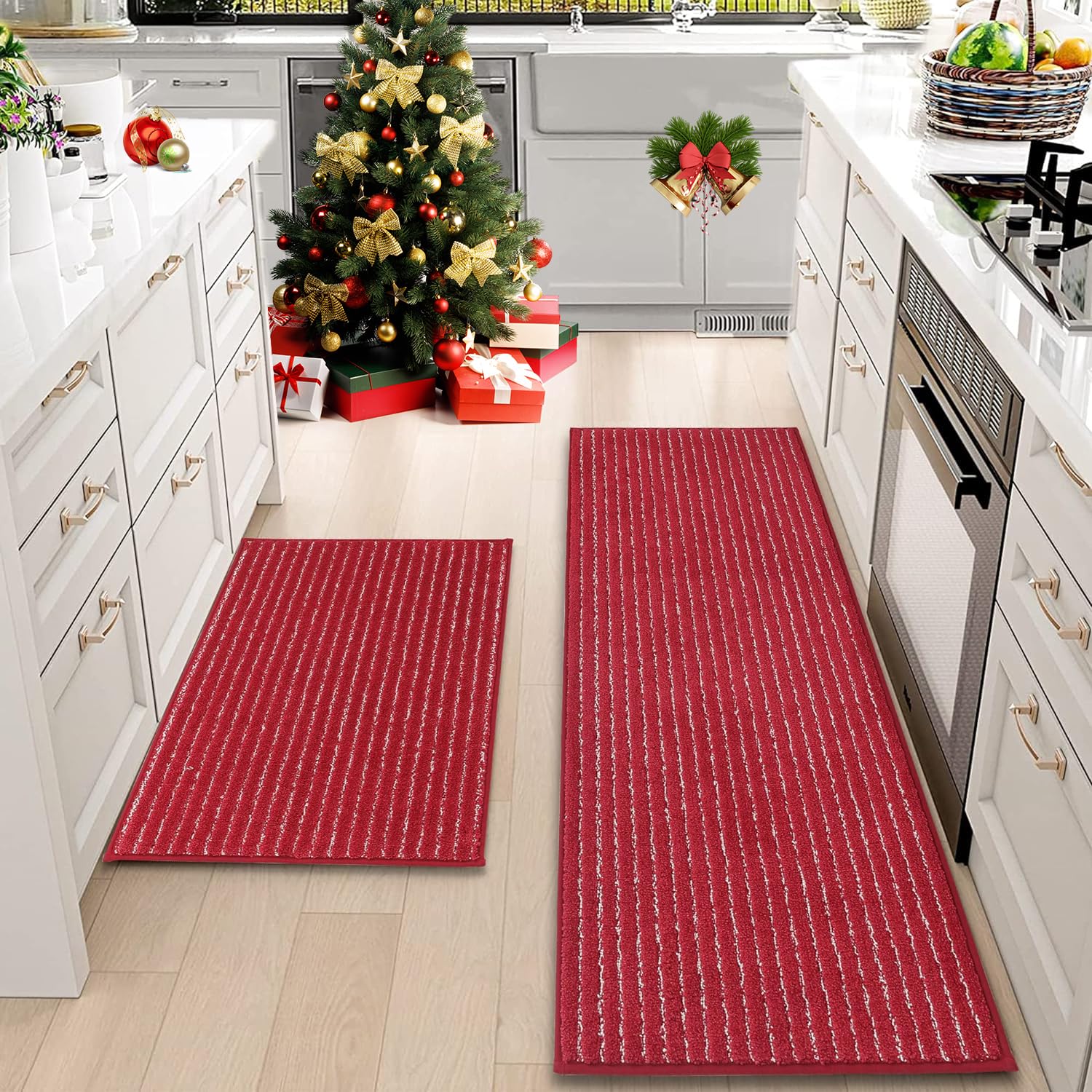 BEQHAUSE Non-Slip Kitchen Mat Set of 2 - 100% Polyester, Soft & Absorbent, Machine Washable with TPR Backing - 20x30” & 20x48” Rugs for Floor - Perfect for Kitchen, Laundry Room, and Entryway