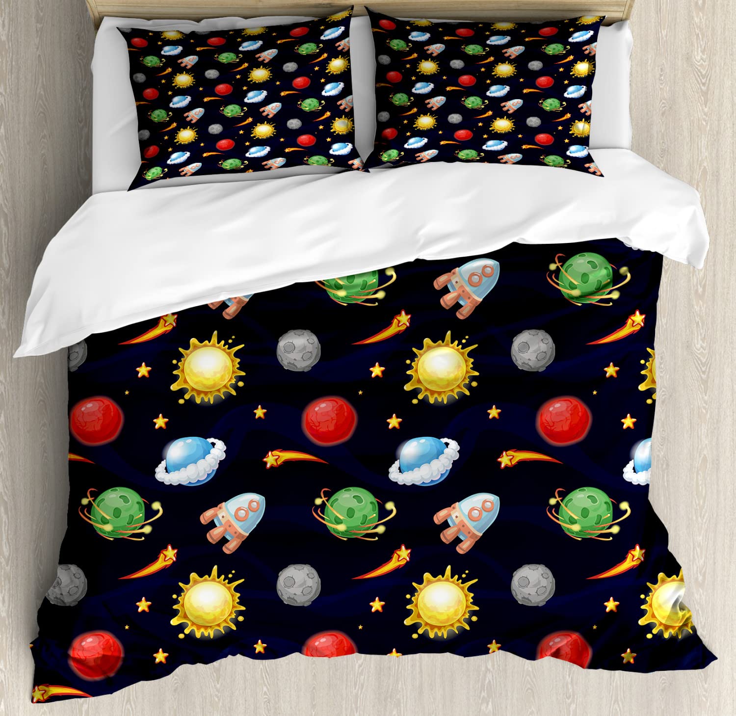 Ambesonne Space Themed Duvet Cover Set - Queen Size 2-Pack with 2 Duvet Covers & 4 Pillowcases, Vibrant Cartoon Style Cosmos Design Featuring Sun, Stars, Planets & Rockets | Perfect for Kids' Bedrooms, Space-Themed Decor & Astronomy Lovers