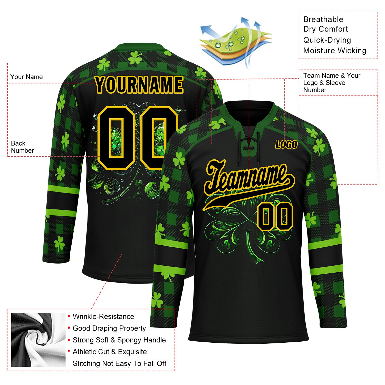 Custom Four Leaf Clover Personalized Hockey Jersey HCKJ01 E0615 - Unique Sports Apparel for Teams, Fans & Gifts - Perfect for Games, Tournaments & Fan Events