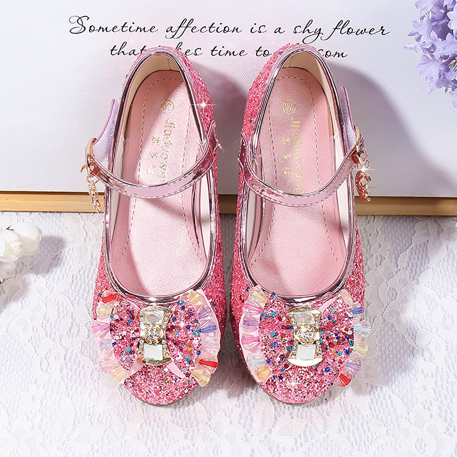 Sparkly Rhinestone Bow Ballet Flats for Girls - Princess Dance Shoes with Pearls & Crystals - Comfortable Kids Sandals for Ballet, Parties & Special Occasions (Pink, Size 5.5 Years)