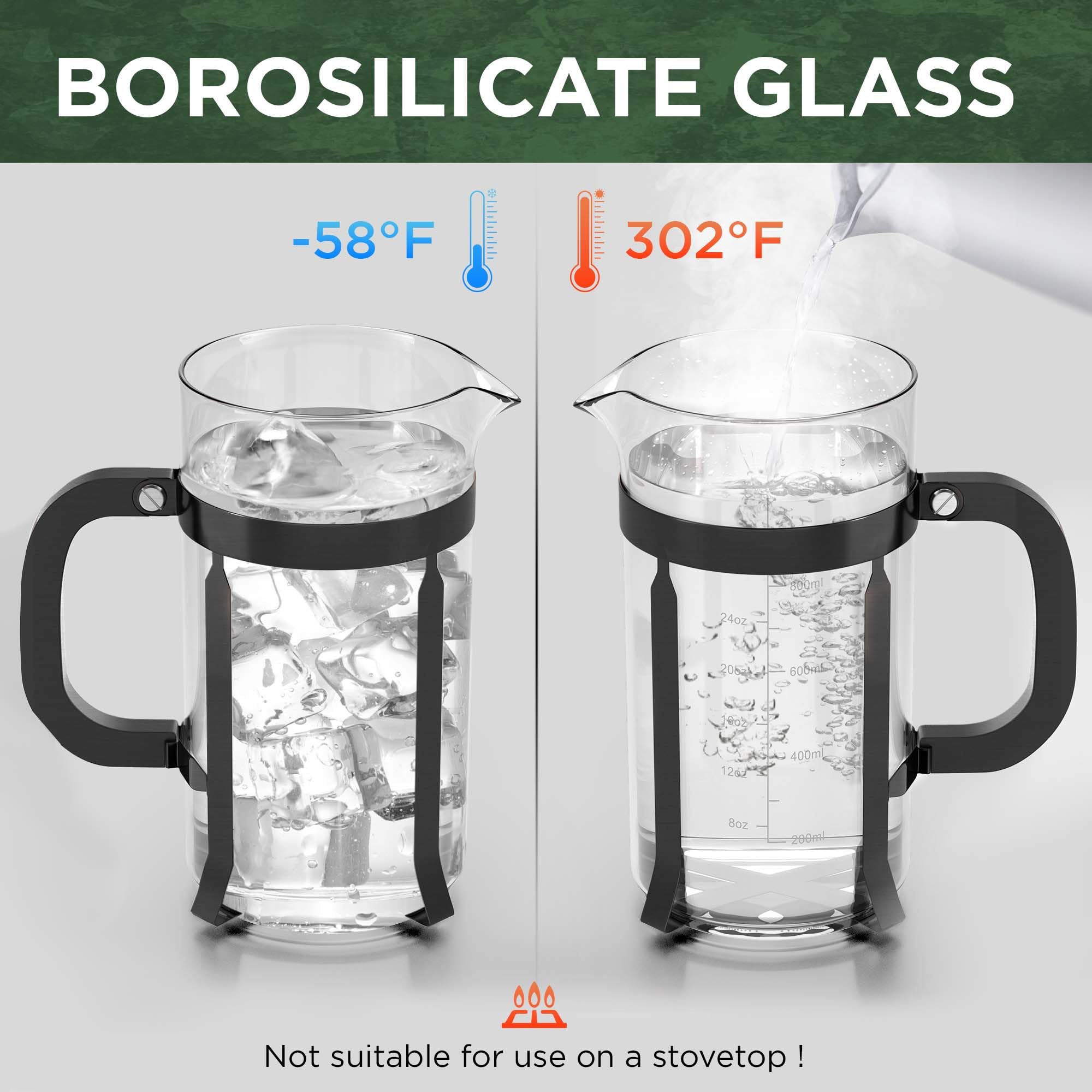 Premium Stainless Steel French Press Coffee Maker - 34oz (1L) Borosilicate Glass, Heat Resistant for Hot & Cold Brew Coffee, Tea, Espresso | Perfect for Home, Office, Camping & Gifts