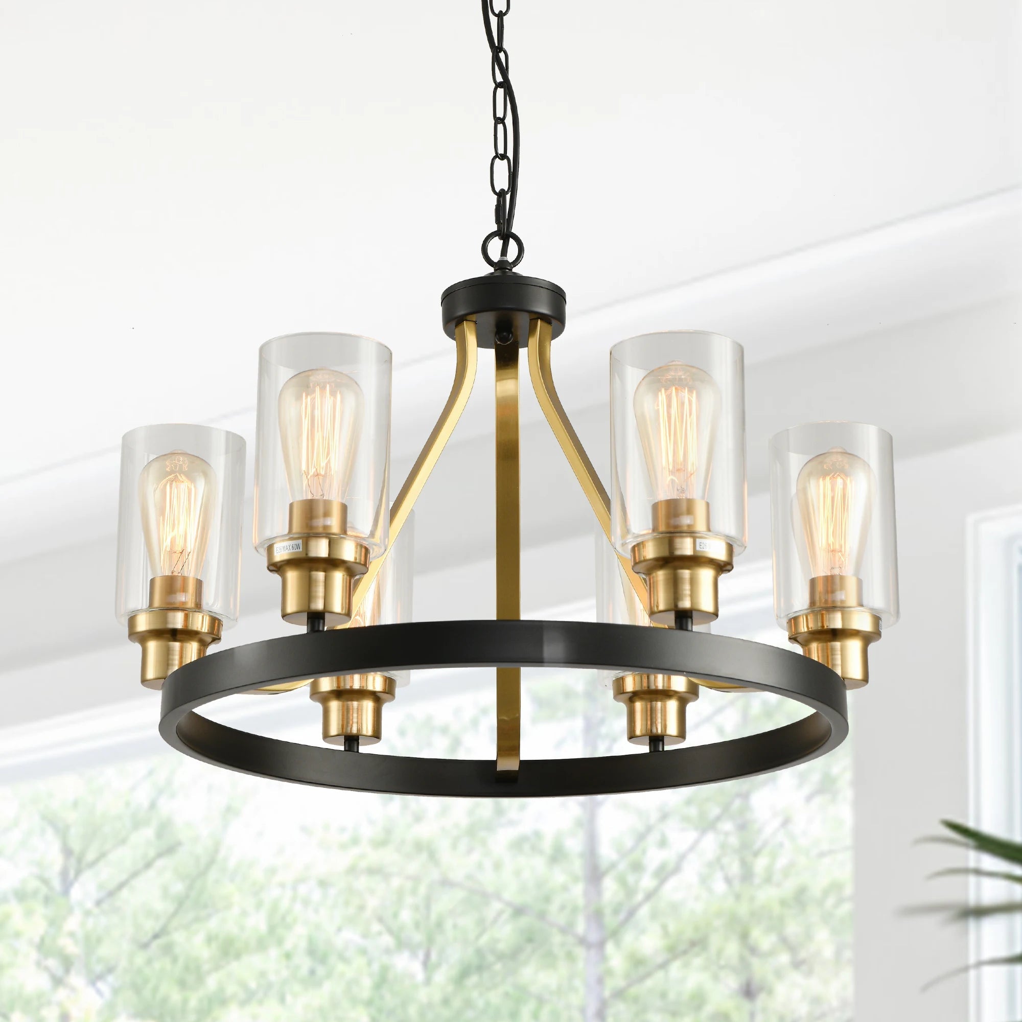 Jeshi 6-Light Black Iron Wagon Wheel Chandelier - Rustic Farmhouse Ceiling Light Fixture for Dining Room, Kitchen, or Living Room Decor
