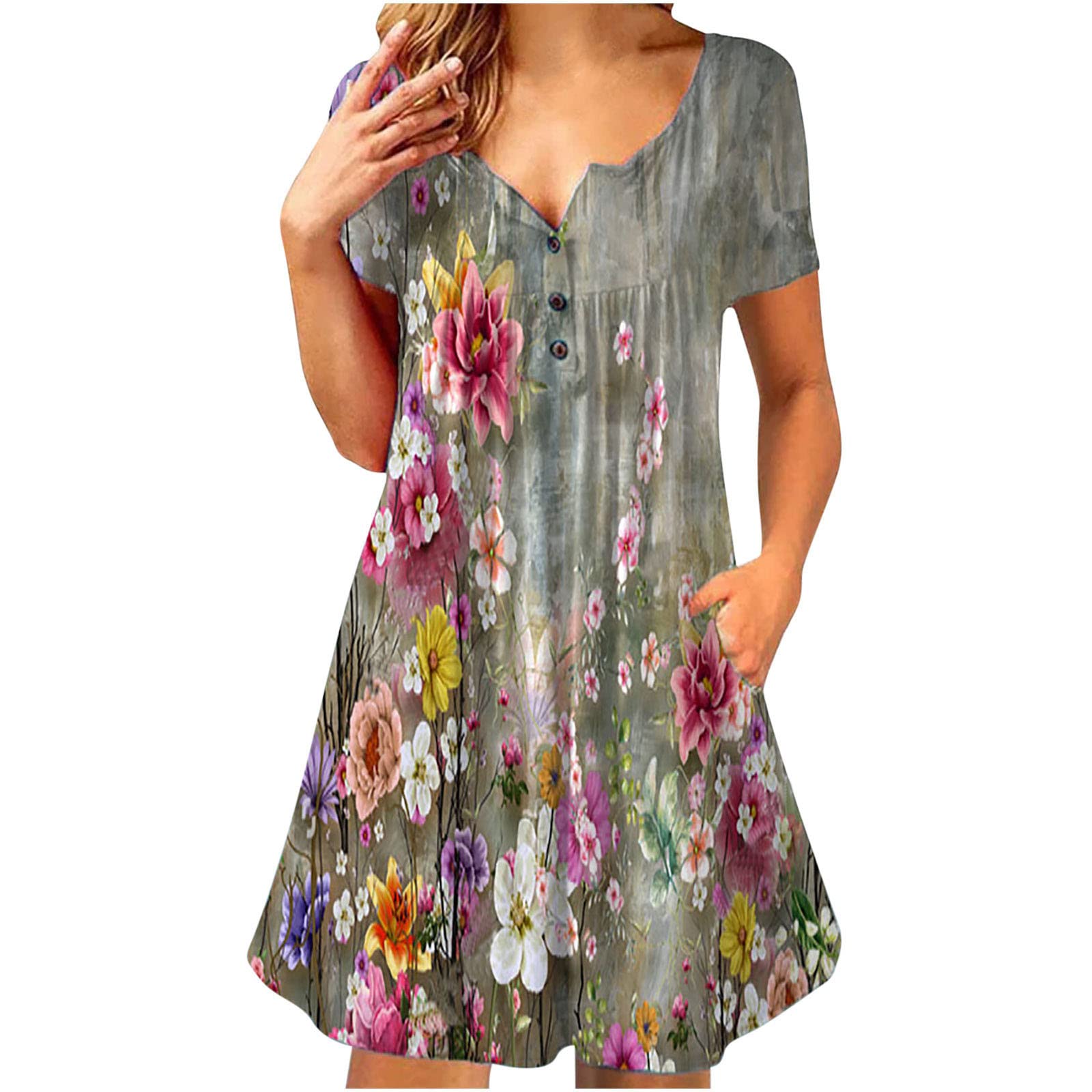 Vintage Floral Print Women's Mini Dress - Short Sleeve V-Neck Henley Summer Dress with Ruched Detail | Casual Outfit for Beach, Date Night & Vacation