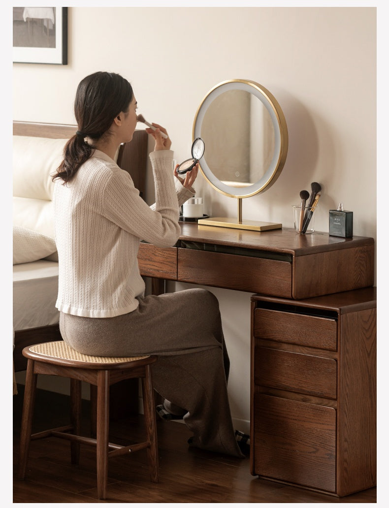 Modern Oak Solid Wood Retractable Vanity Dressing Table with Mirror - Perfect for Bedroom, Bathroom & Makeup Organization