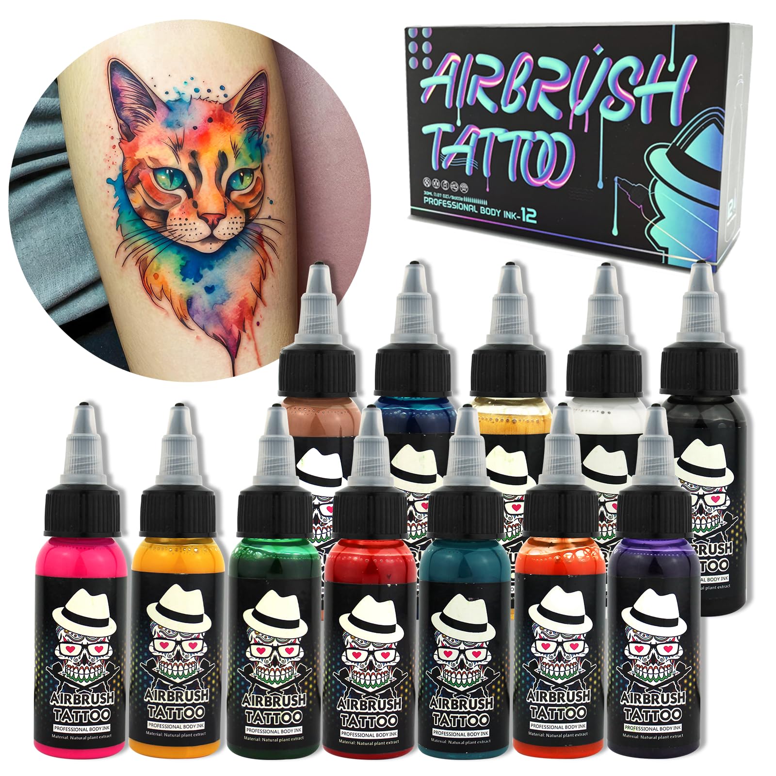 Ophir Airbrush Body Paint Set - 12 Vibrant Tattoo Ink Pigments (1.06oz/Bottle) for Temporary Airbrush Tattoos | Professional Body Art & Face Painting | Perfect for Halloween, Cosplay, and Special Events