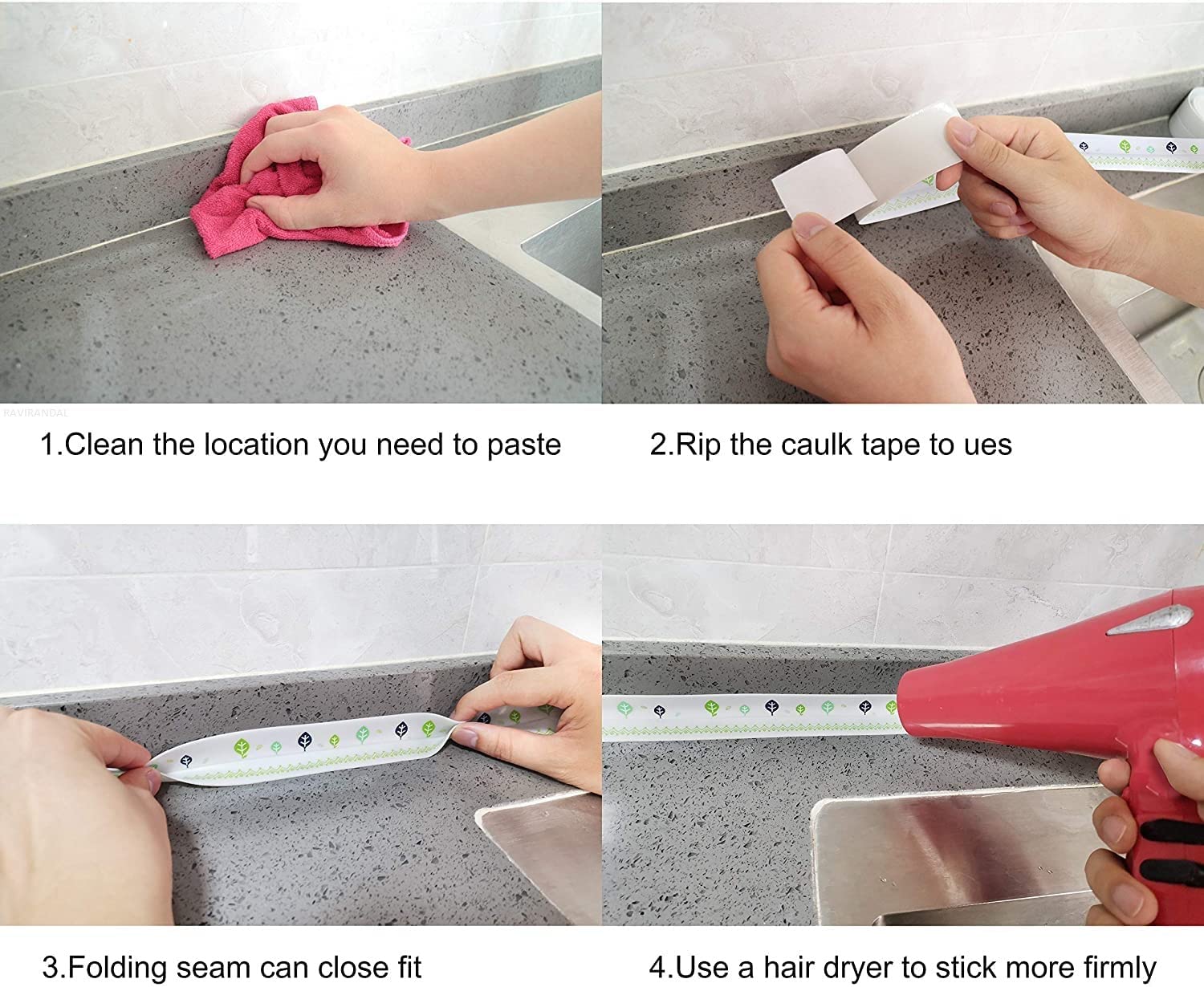RAVIRANDAL Oil Proof PVC Self-Adhesive Caulking Tape - Waterproof Seal Strip for Kitchen Sink, Bathroom, Shower & Bathtub (1pc, Multicolor) - Perfect for Home Renovation & Water Leak Prevention