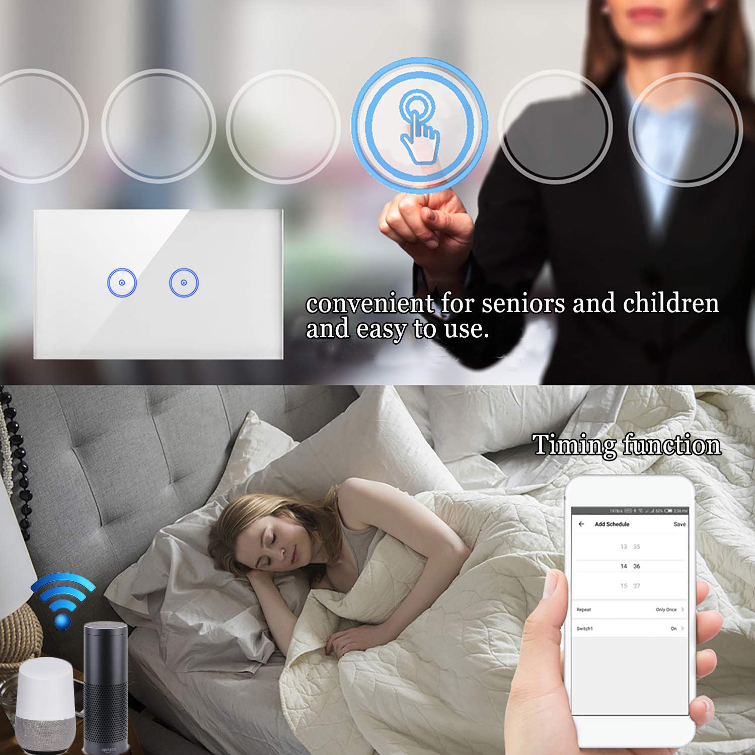 Jinvoo WiFi Smart Wall Touch Light Switch - 2 Gang, Remote Control via Smartphone, Compatible with iOS & Android, Works with Alexa Echo & Google Home Assistant | Perfect for Smart Home Automation & Voice Control