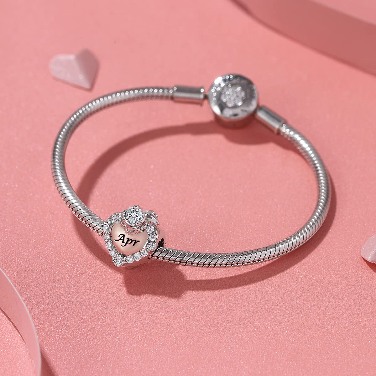 FOREVER QUEEN 925 Sterling Silver & Rose Gold Birthstone Charm for Bracelet - Heart Love Rose Flower Bead for Wife, Birthday Gift Jewelry | Perfect for Anniversary, Mother's Day & Valentine's Day Gifting